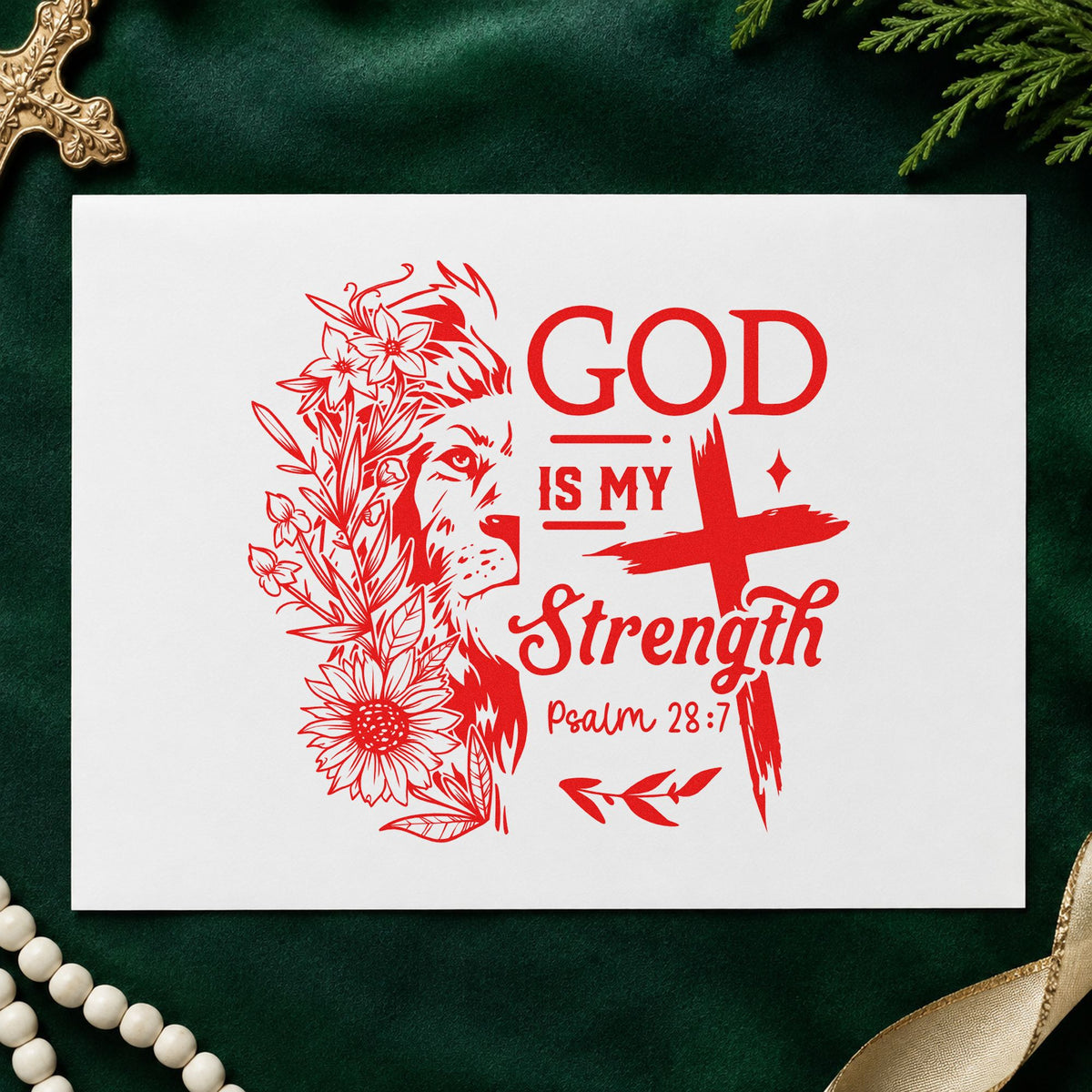 God Is My Strength Lion rubber stamp shown in red ink, stamped for projects such as coach thank-yous.
