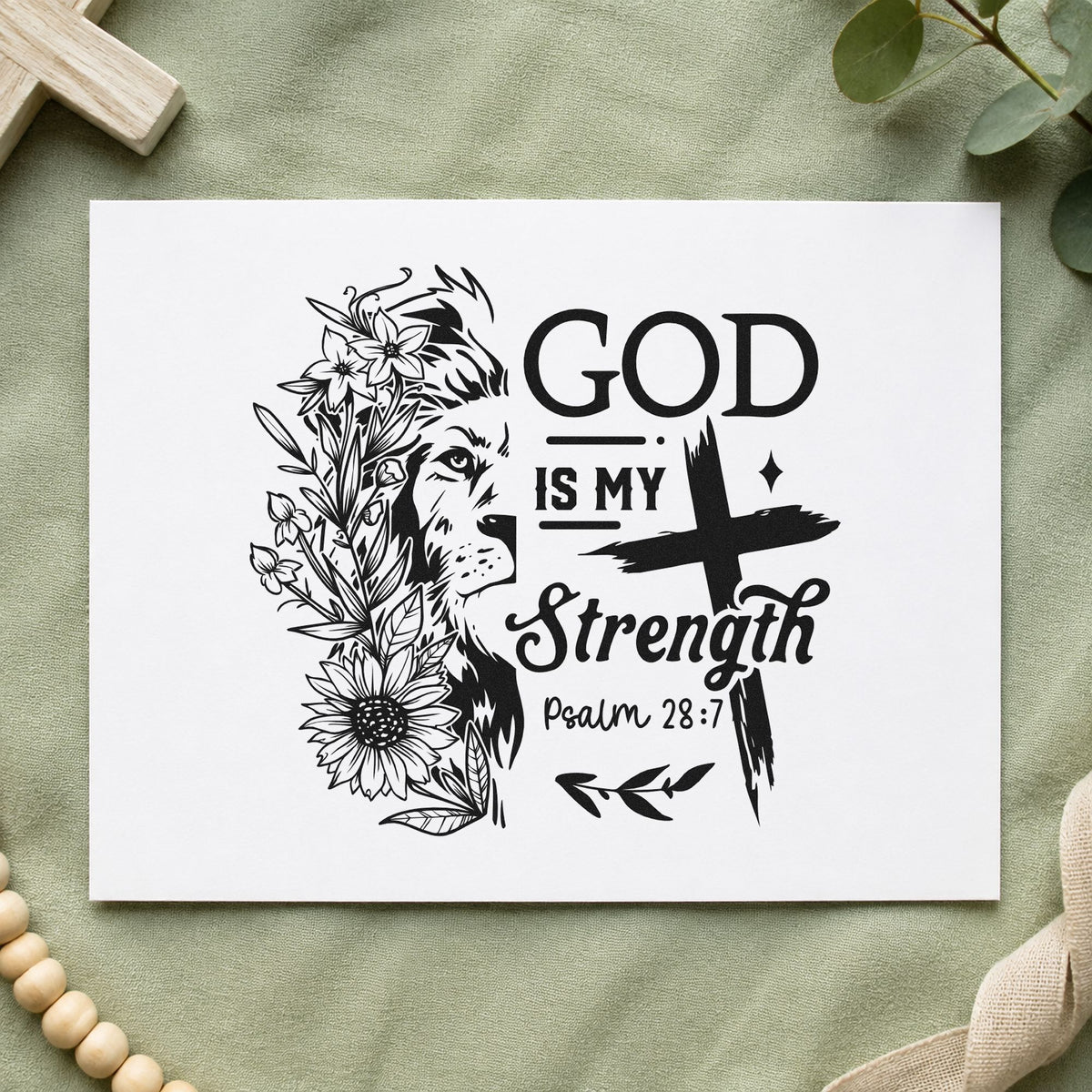 God Is My Strength Lion rubber stamp printed in black ink, ready for lion floral cards and similar paper crafts.