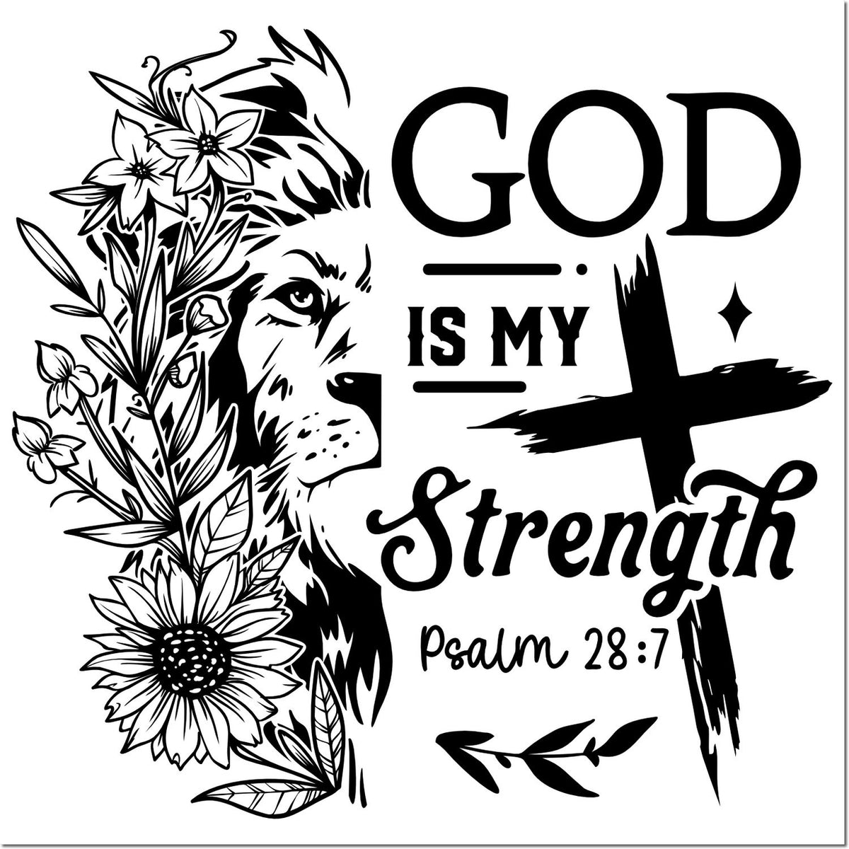 Christian rubber stamp design with dog, florals, cross, and Psalm 28:7 quote, God Is My Strength.