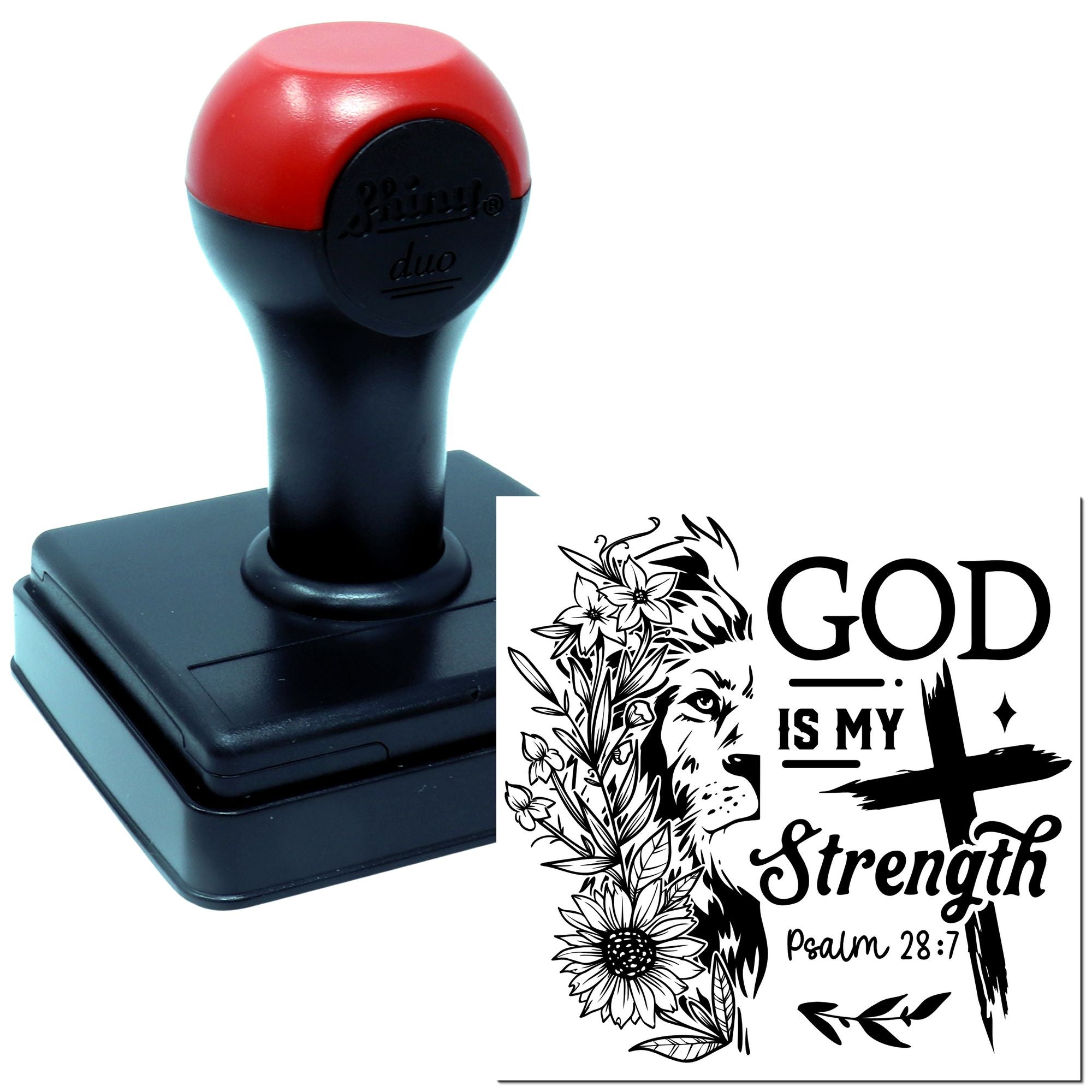 Custom self-inking rubber stamp with Christian lion design and God Is My Strength text, Psalm 28:7.