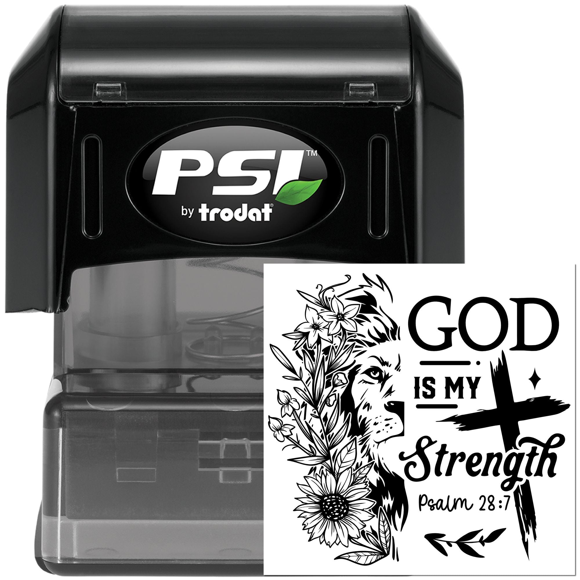 PSI by Trodat self-inking rubber stamp with custom Christian design reading God is my Strength Psalm 28:7.