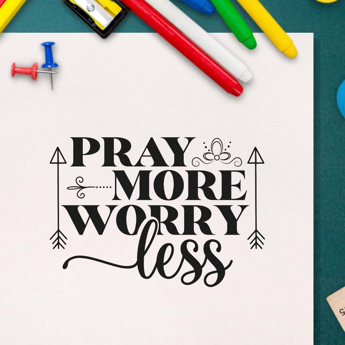 Pray More Worry Less rubber stamp design for faith-based journaling, planners, and handmade cards.