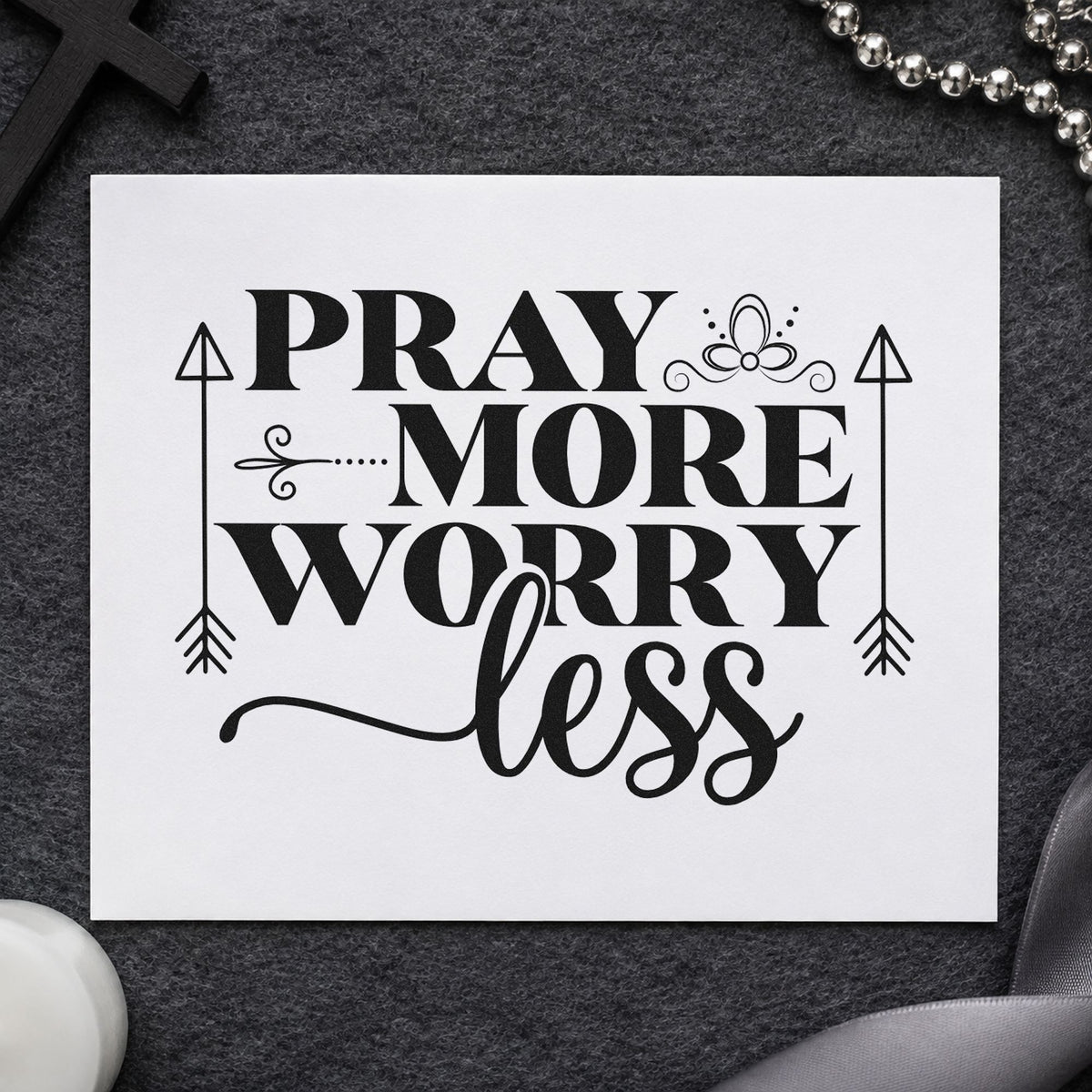 Pray More Worry Less Arrows rubber stamp printed in black ink, ready for arrow worry cards and similar paper crafts.