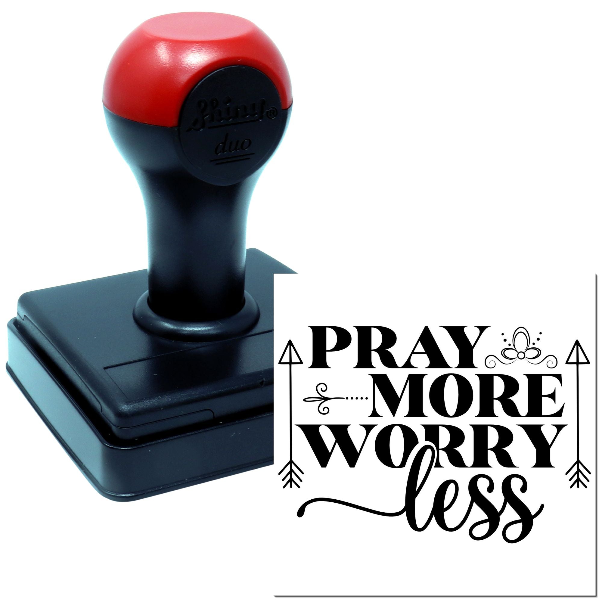 Self-inking rubber stamp with Pray More Worry Less design for faith-based crafts, church use, and inspirational stamping.