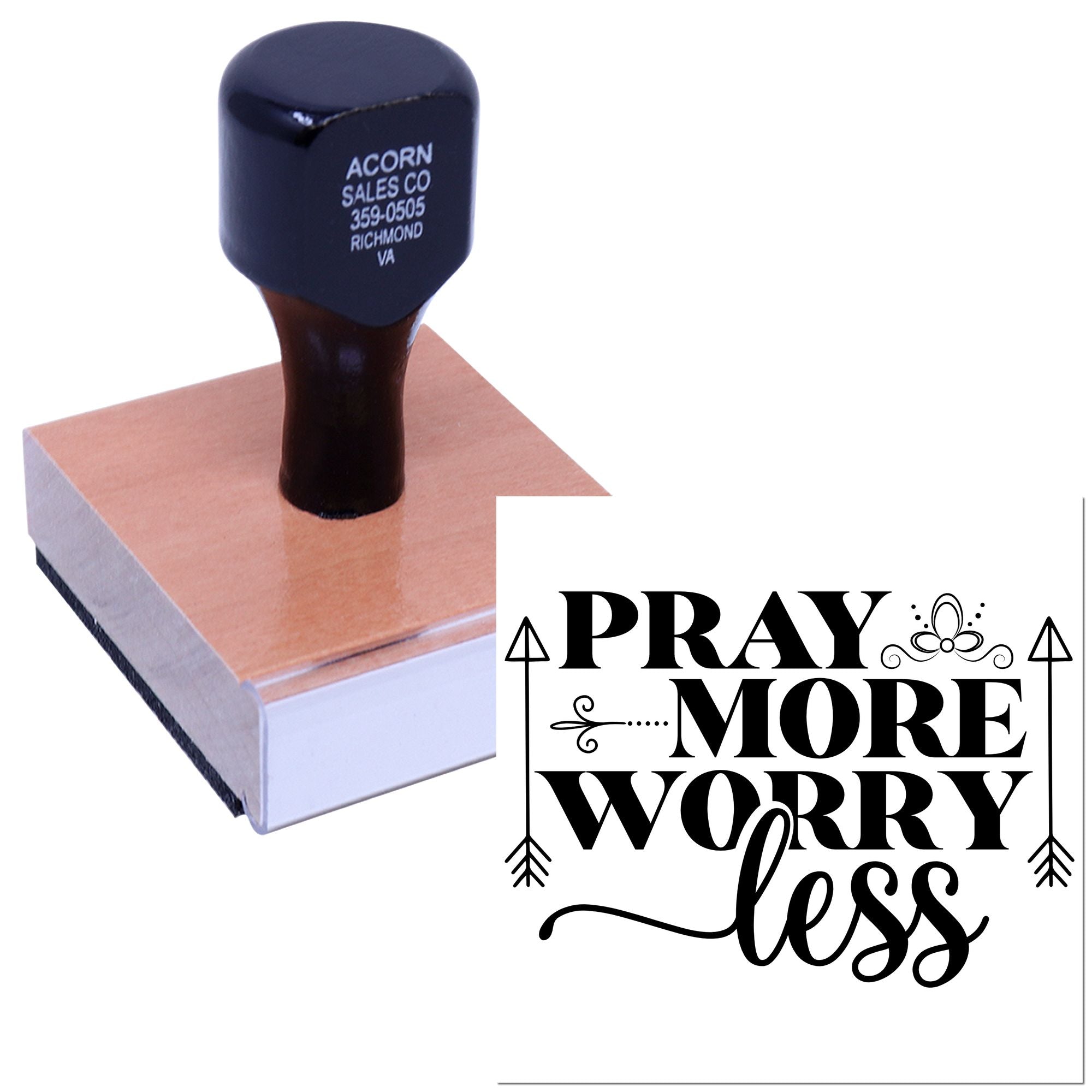 Custom rubber stamp with Pray More Worry Less design, ideal for faith-based crafting, cards, and inspirational stationery.