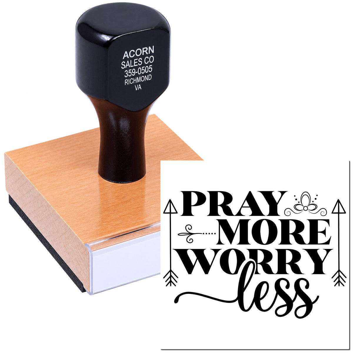 Custom rubber stamp with Pray More Worry Less design, ideal for faith-based crafting, cards, and inspirational stationery.