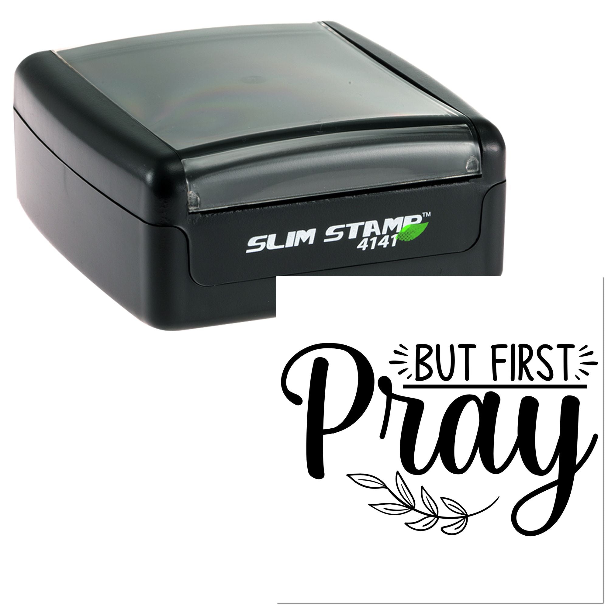 Custom self-inking rubber stamp with But First Pray design for faith-based crafting, cards, and Bible journaling.