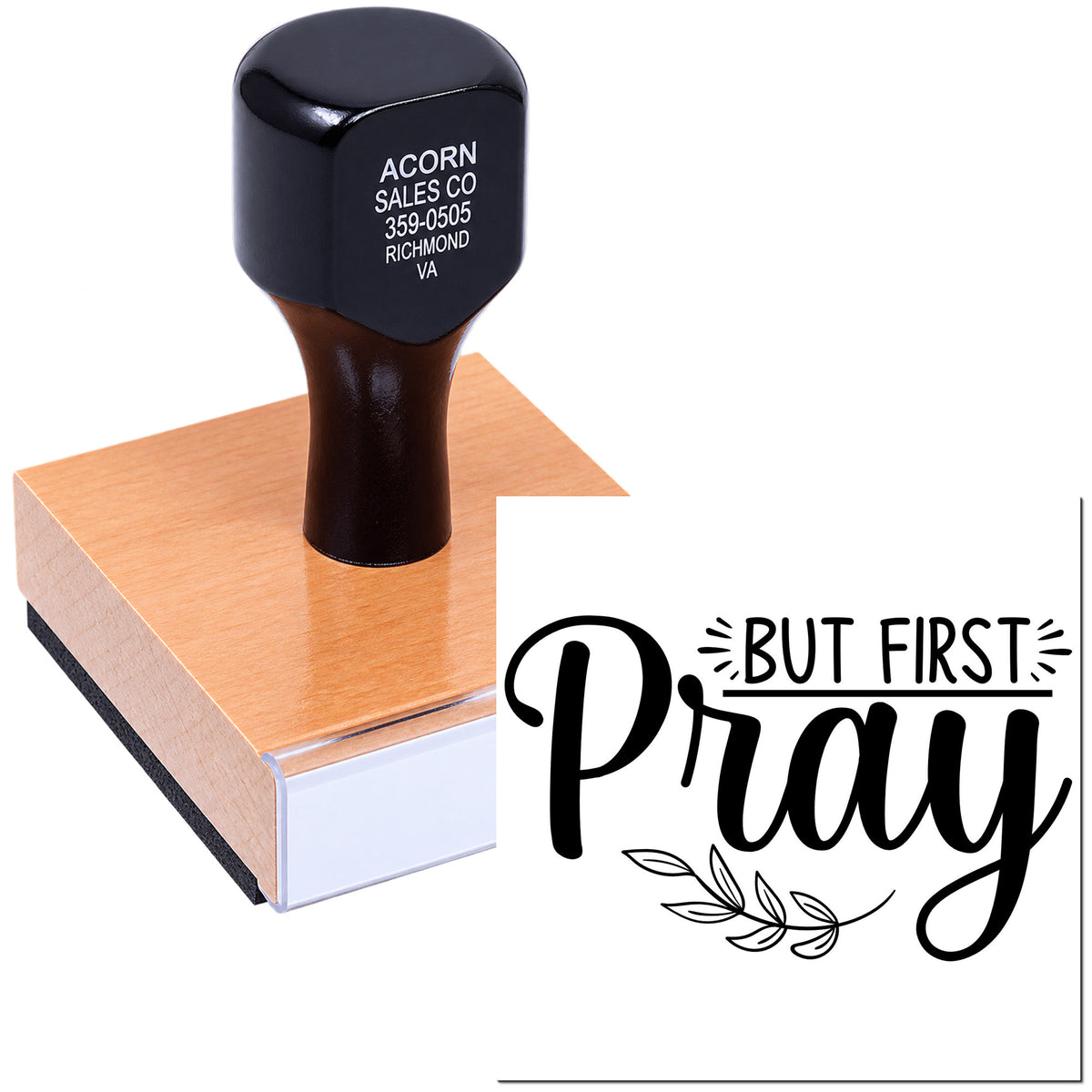 Custom rubber stamp with But First Pray design for faith-based crafts, cards, and church stationery.
