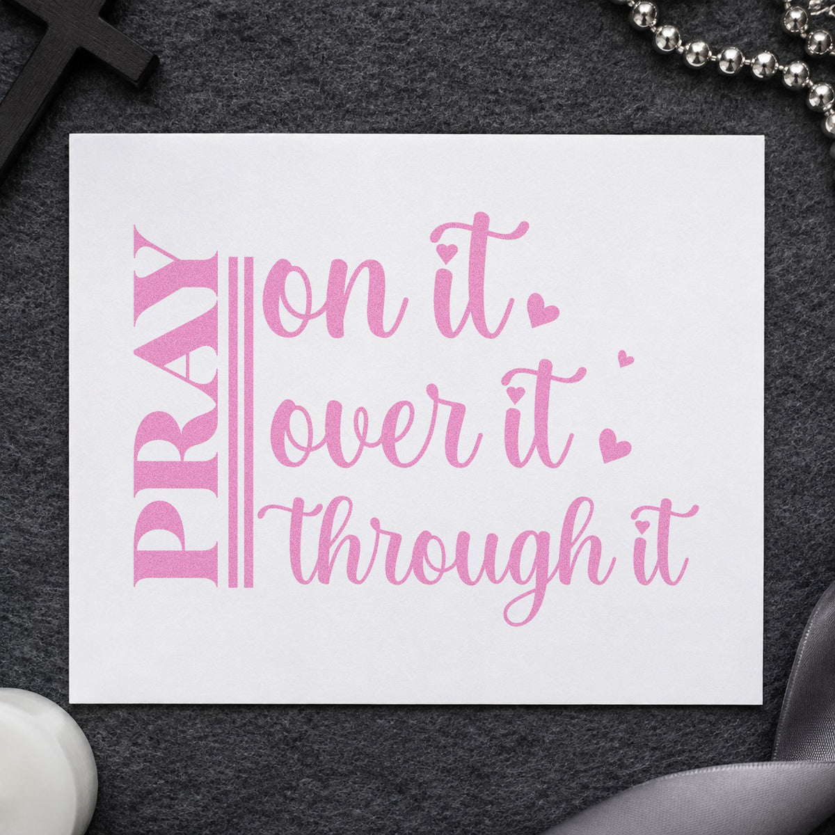 Pray on It Heart Script craft stamp in purple ink on cardstock, an easy option for bookmark crafts.