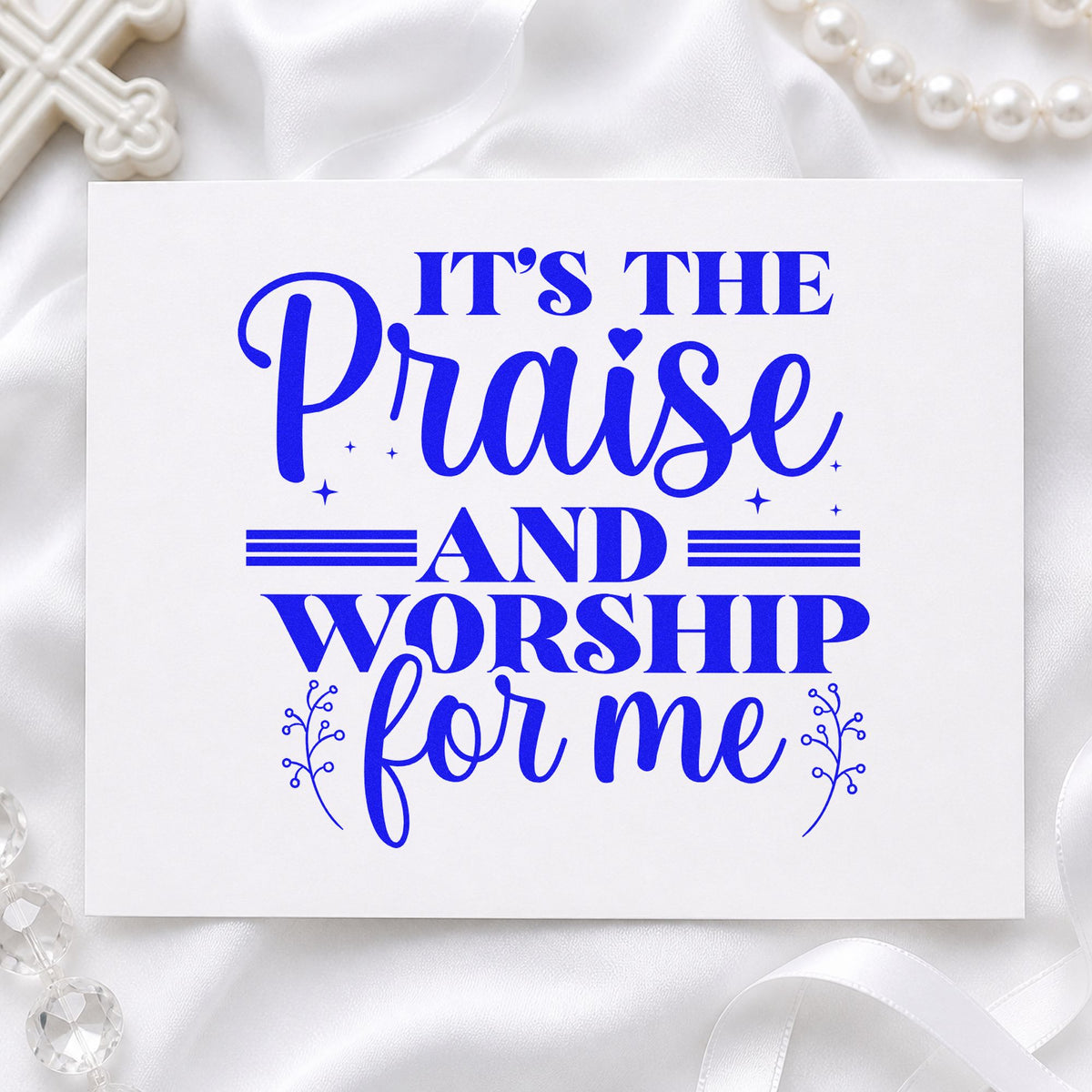 Praise and Worship for Me craft stamp in blue ink on cardstock, an easy option for choir folder covers.