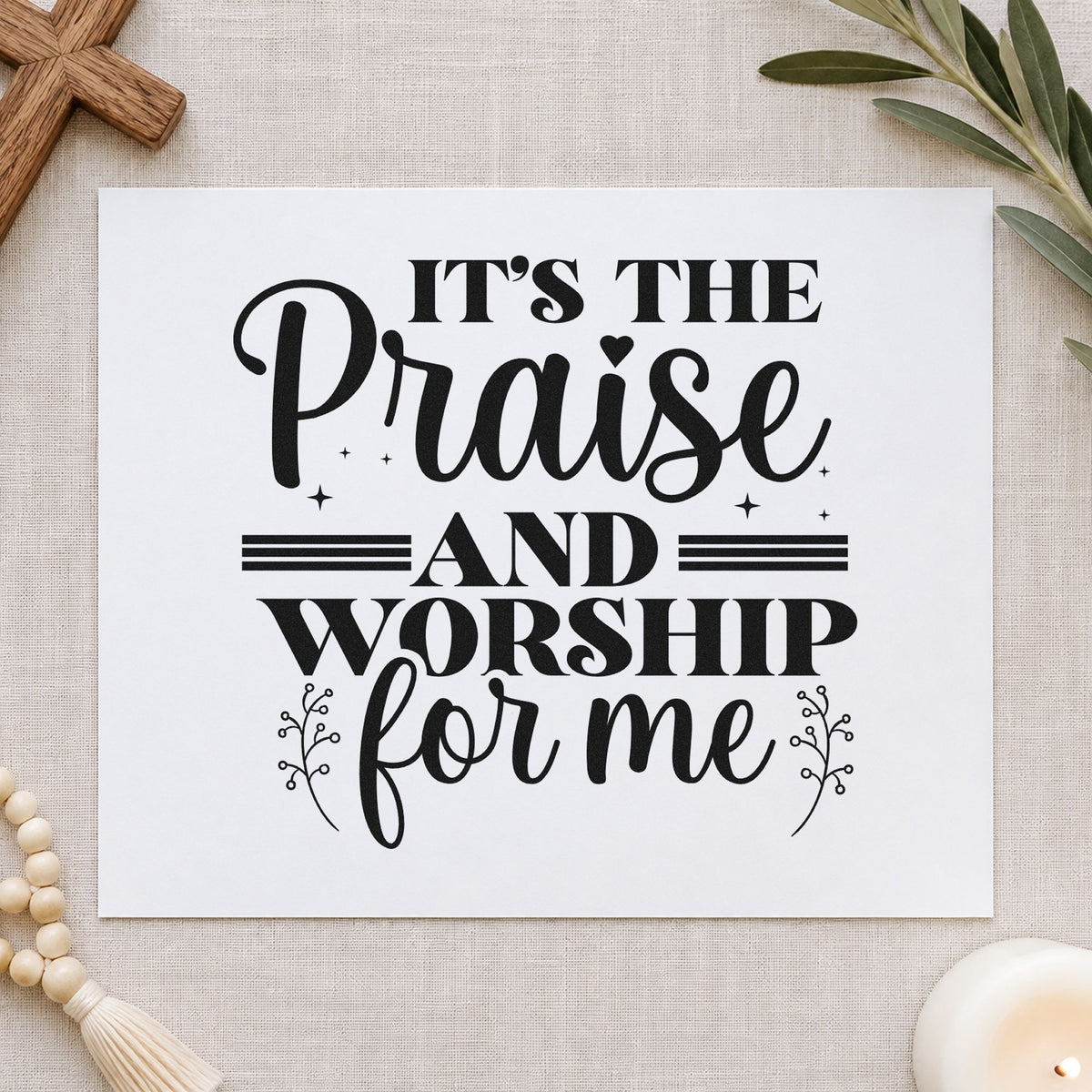 Praise and Worship for Me rubber stamp printed in black ink, ready for leafy worship cards and similar paper crafts.