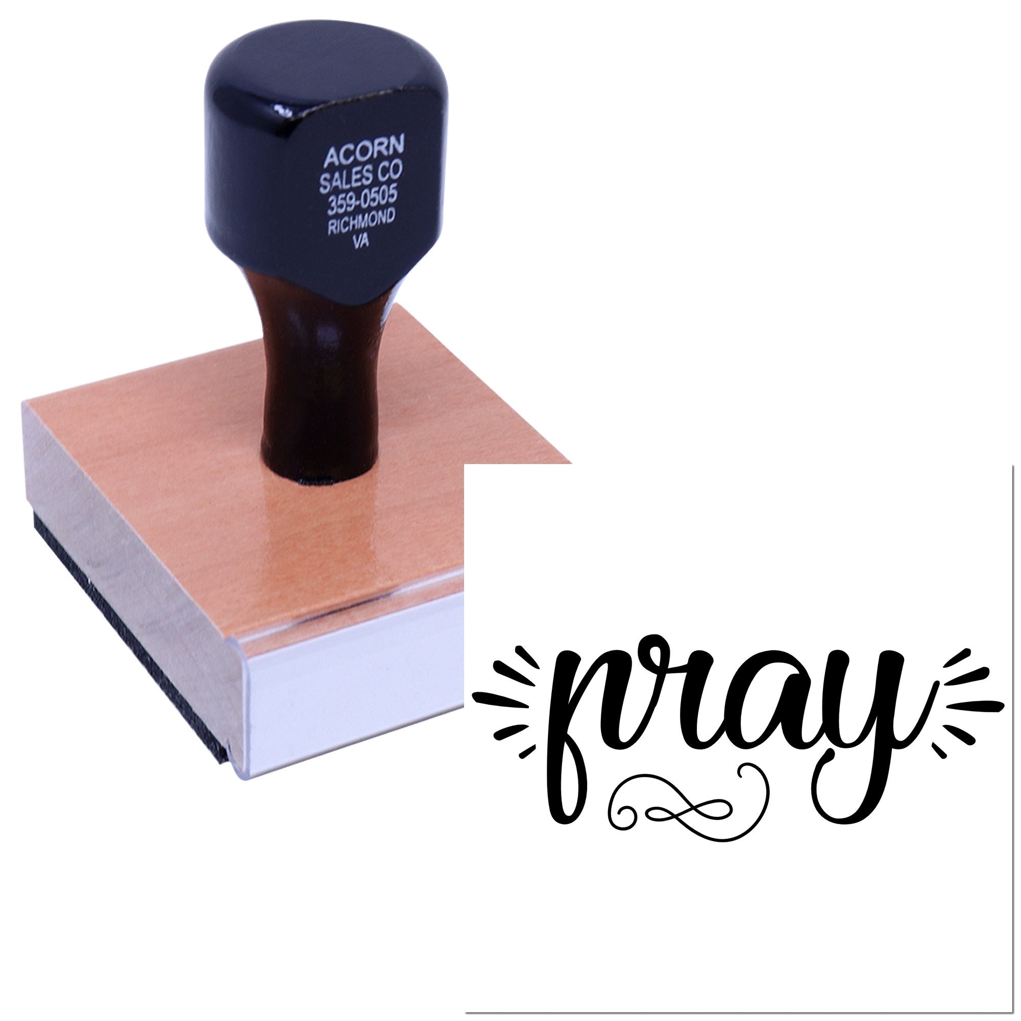 Custom rubber stamp with pray script design for faith-based cards, crafts, and packaging.