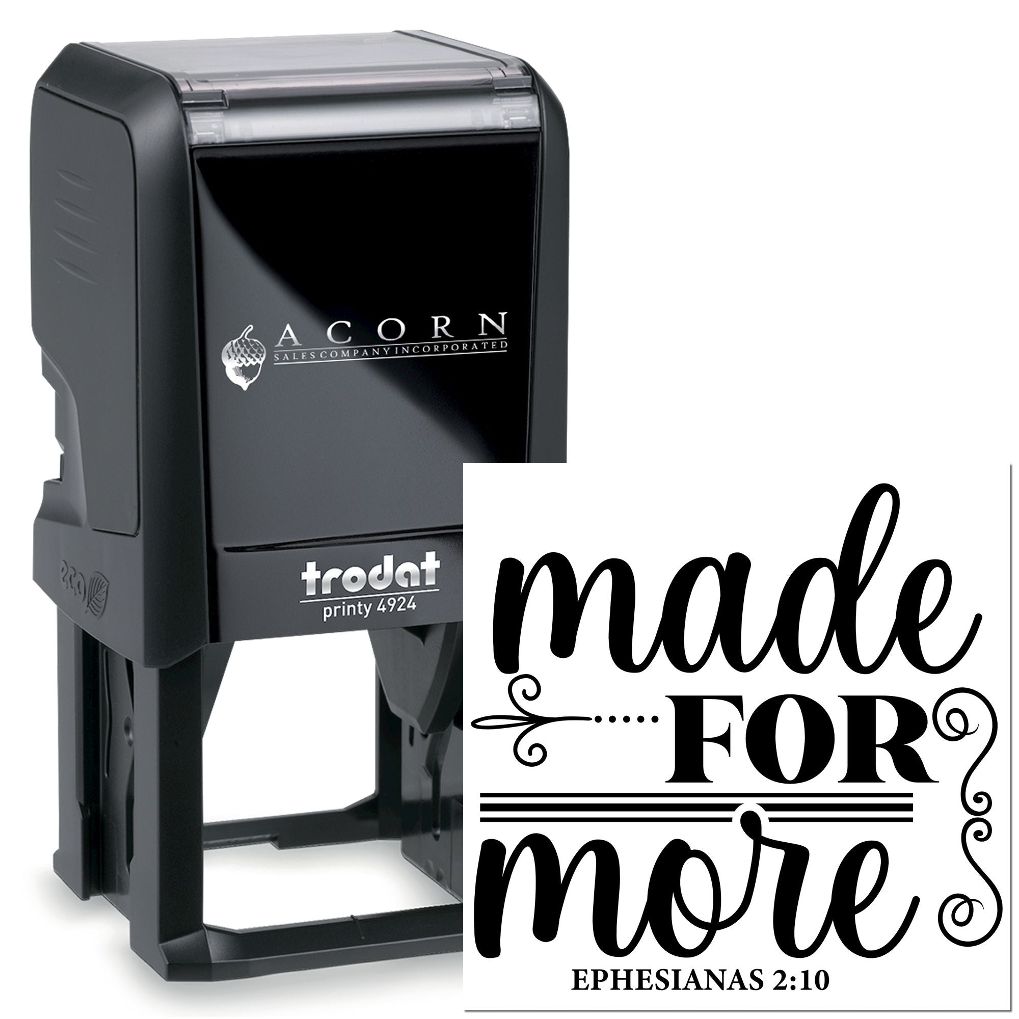 Custom self-inking rubber stamp with made for more scripture design, ideal for church or branding, Trodat Printy 4924.