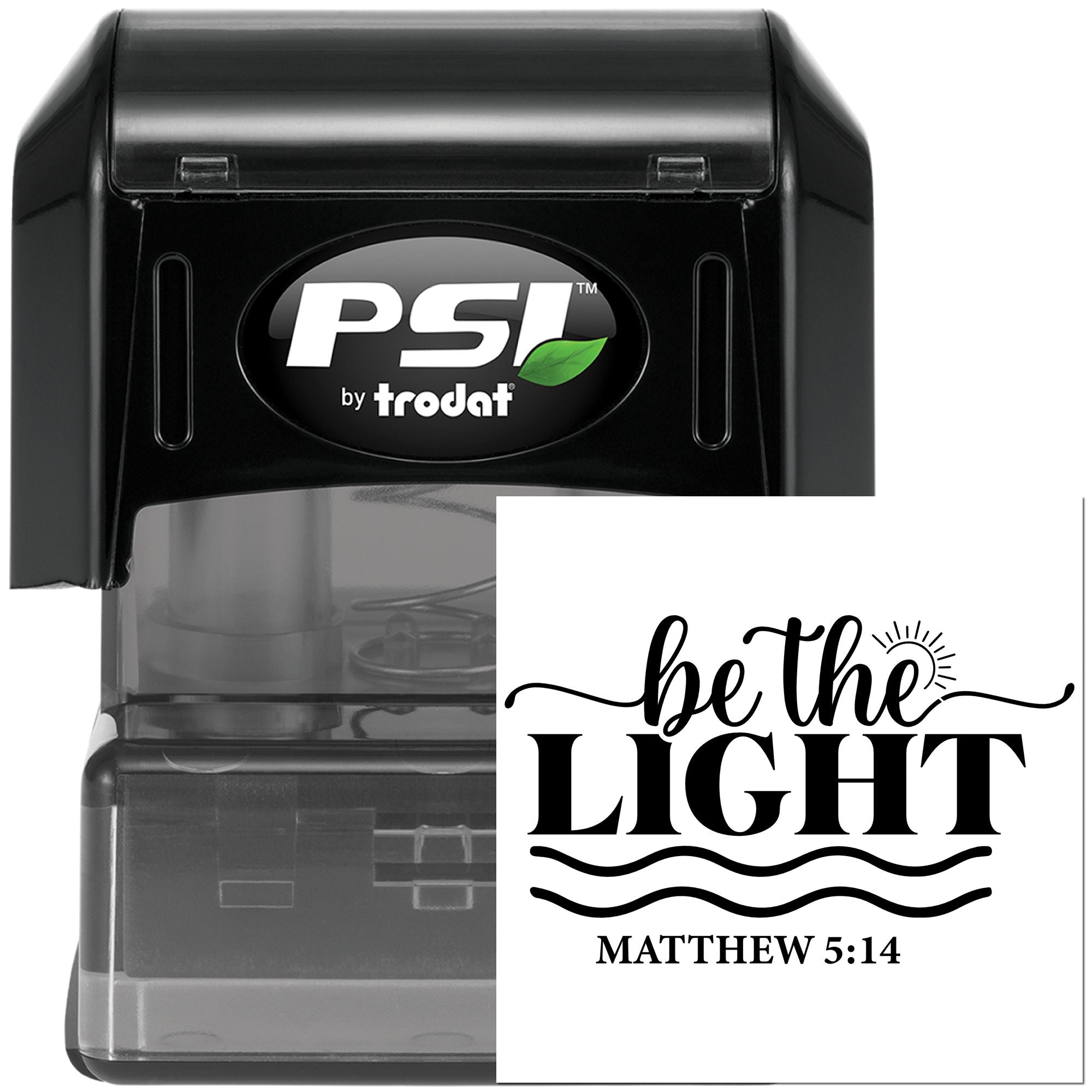 PSI by Trodat self-inking rubber stamp featuring Be the Light Matthew 5:14 for Christian crafts, church, and Bible journaling.