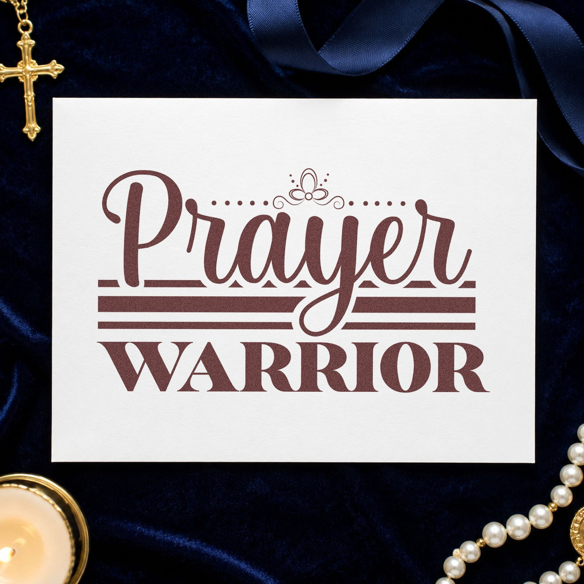 Prayer Warrior Flourish rubber stamp printed in brown ink, ready for legacy pages and similar paper crafts.
