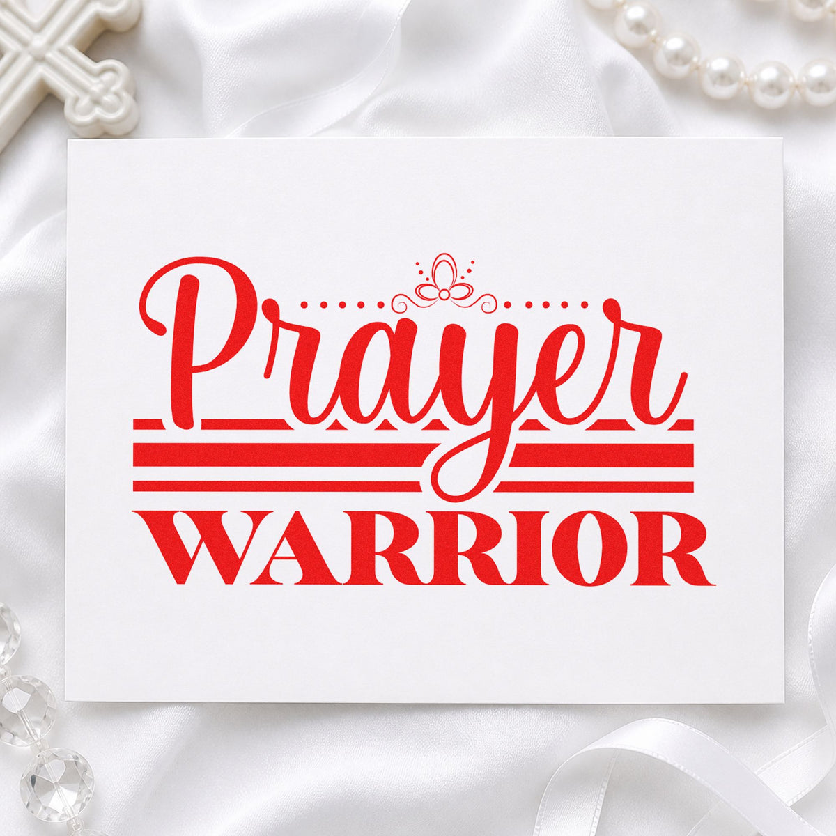 Prayer Warrior Flourish rubber stamp shown in red ink, stamped for projects such as journal cover stamping.