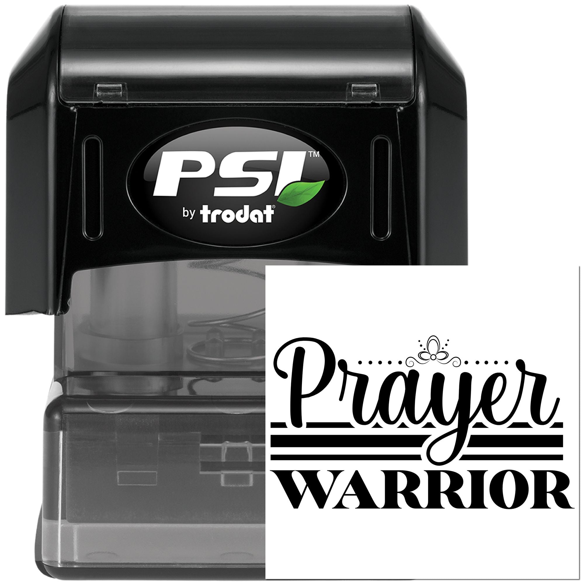 Custom self-inking rubber stamp by PSI by Trodat with Prayer Warrior imprint for faith-based personalized stamping.