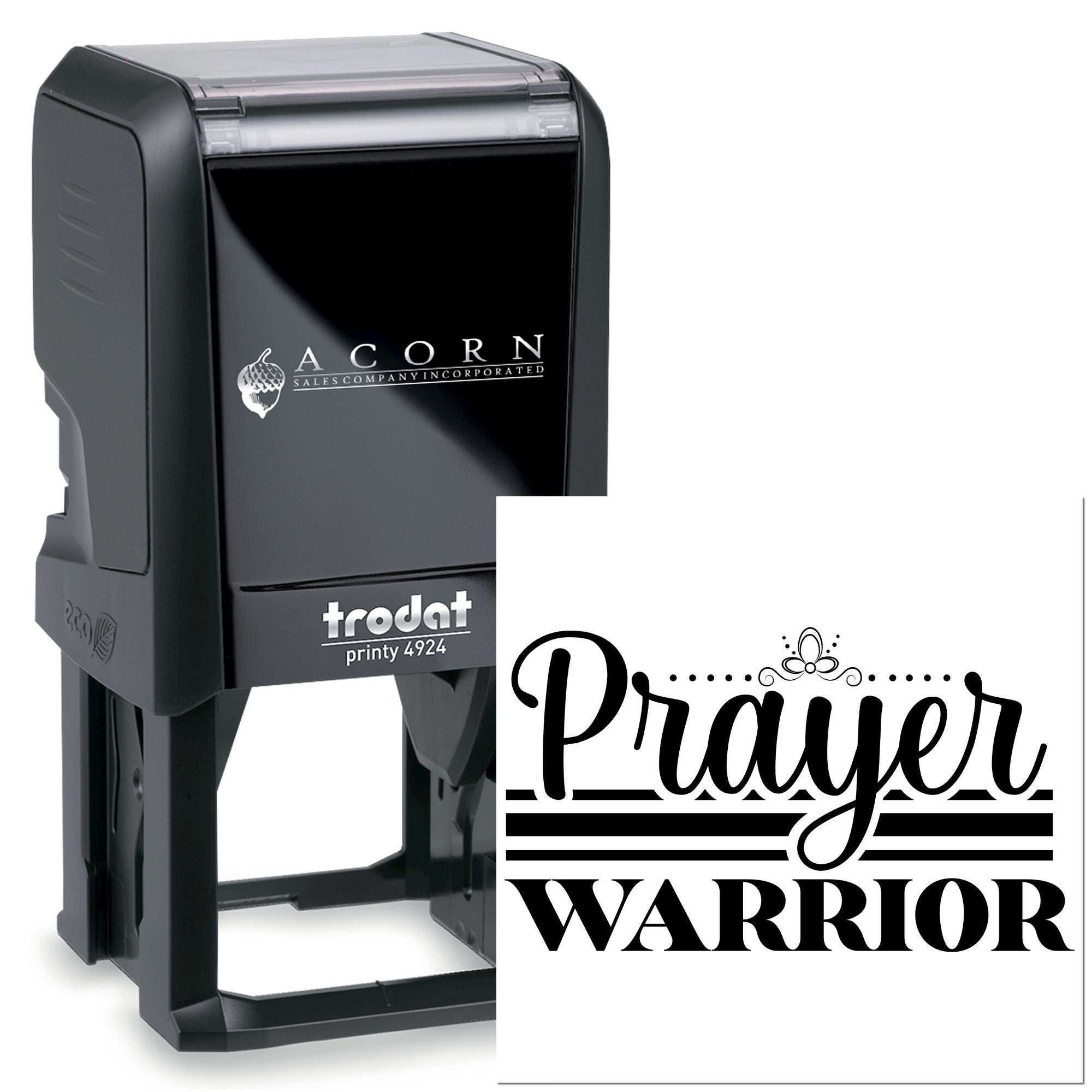 Trodat Printy 4924 self-inking rubber stamp with Prayer Warrior design for custom faith-based stamping.