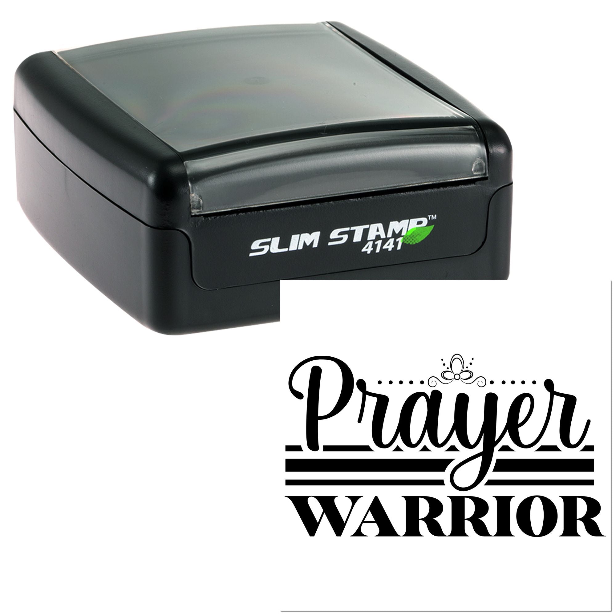 Custom self-inking rubber stamp featuring Prayer Warrior design for faith-based crafts, church gifts, and stationery.