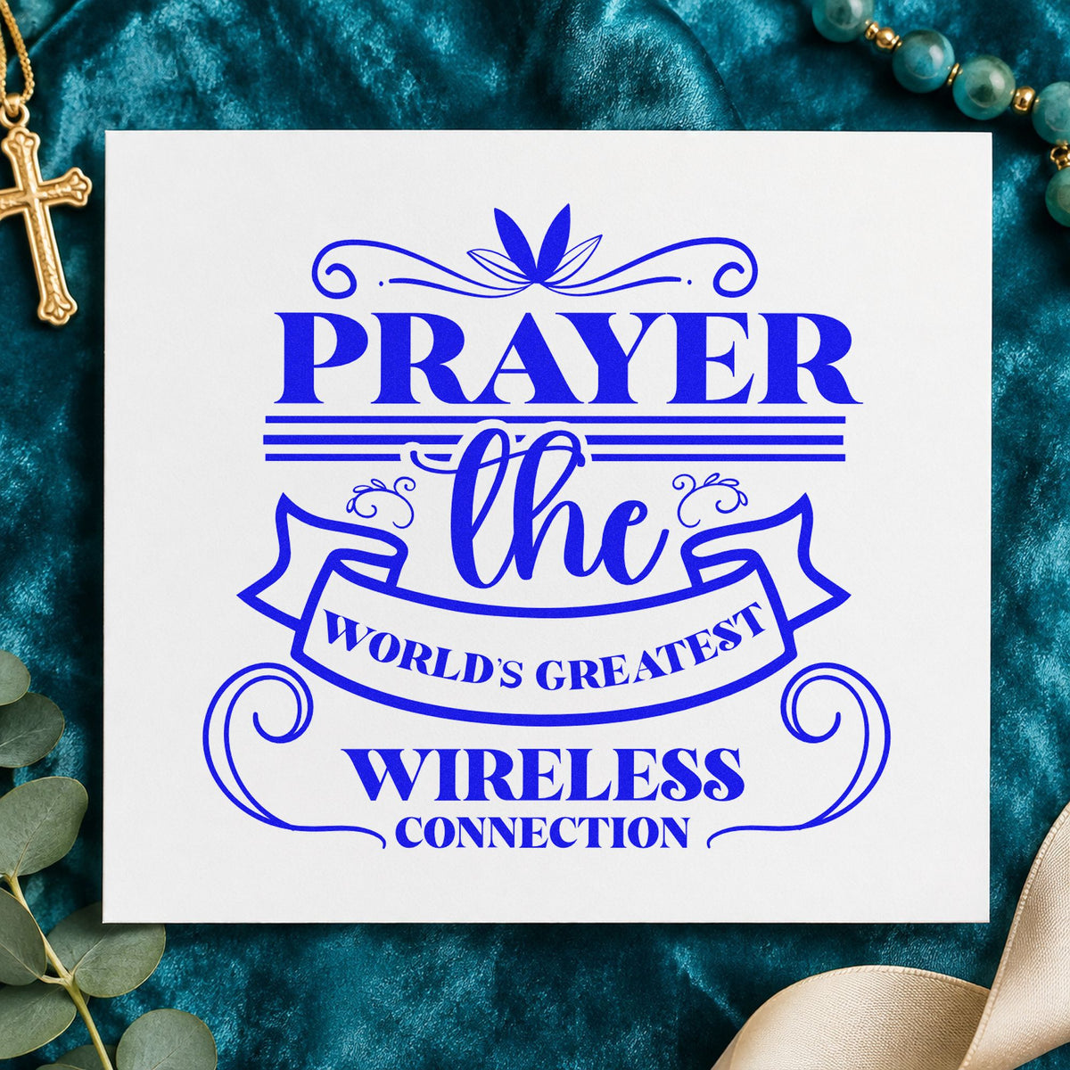 Prayer Wireless Ribbon craft stamp imprinted in blue ink on paper, a design suited to phone case inserts.