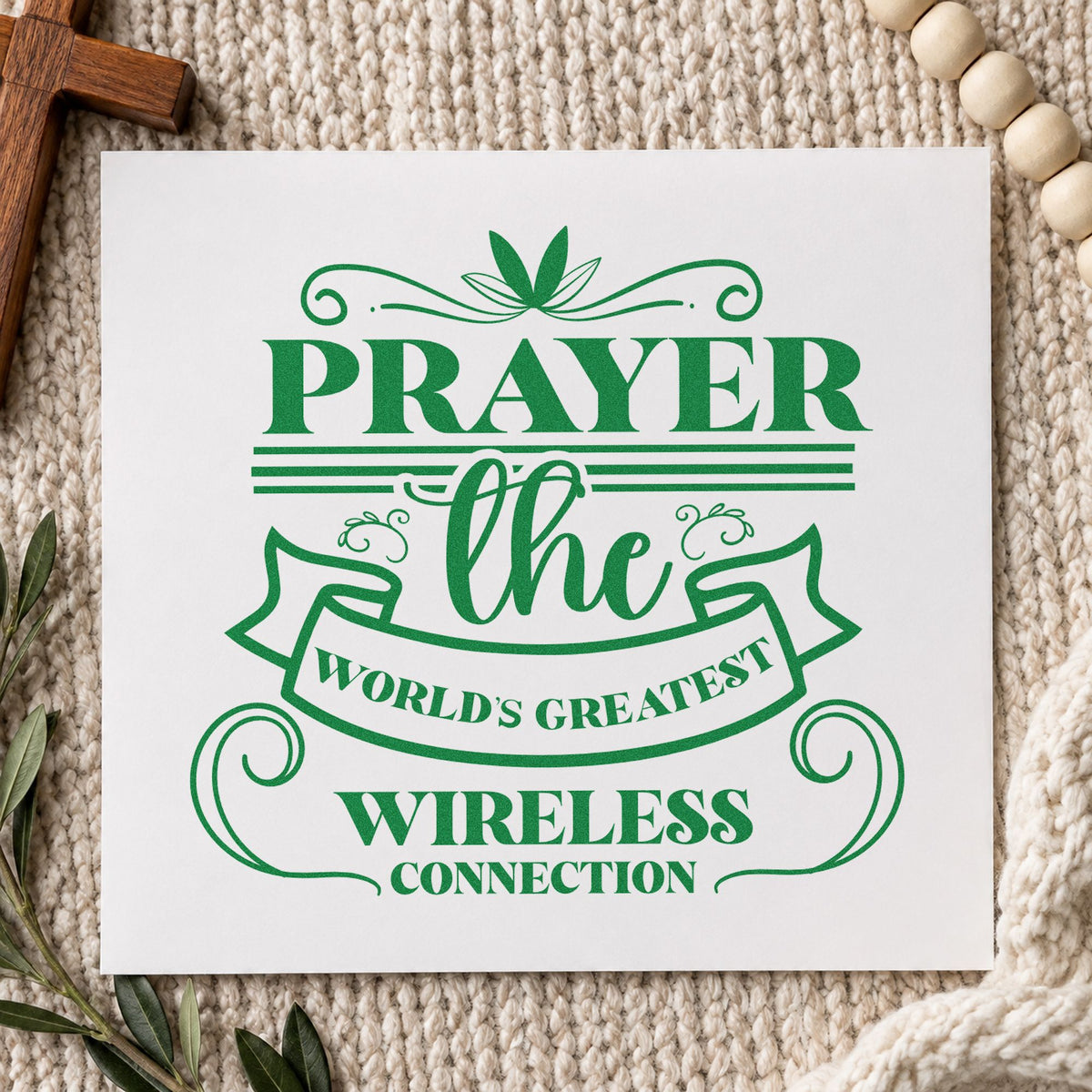 Prayer Wireless Ribbon craft stamp imprint in green ink on a handmade project, one idea being youth lesson handouts.