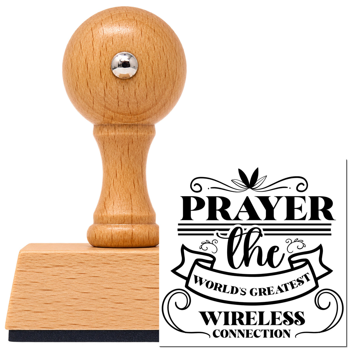 Prayer Wireless Ribbon Lettering Flourish Vintage Pro rubber stamp in European beech wood with a round knob handle, shown beside its black imprint.