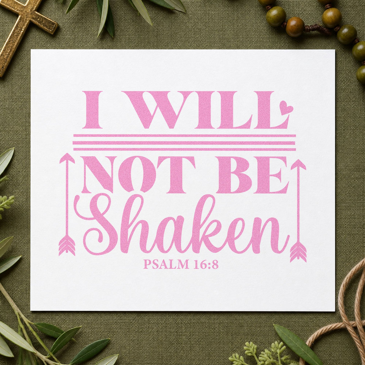 I Will Not Be Shaken Arrows craft stamp in purple ink on cardstock, an easy option for hurricane relief kits.