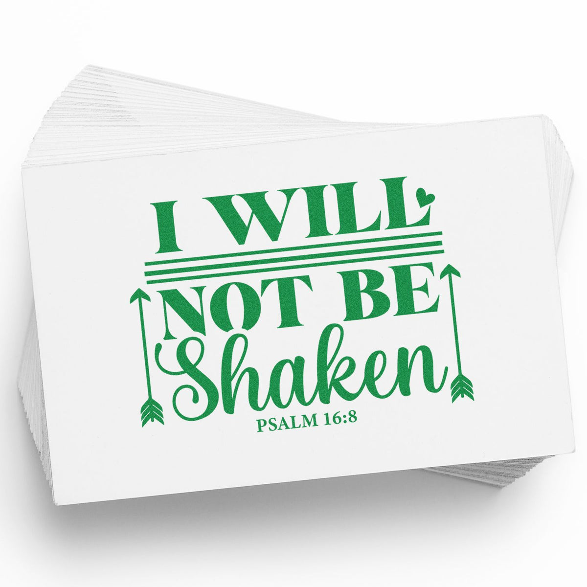 Psalm 16:8 rubber stamp design with green I Will Not Be Shaken text on stacked white cards.