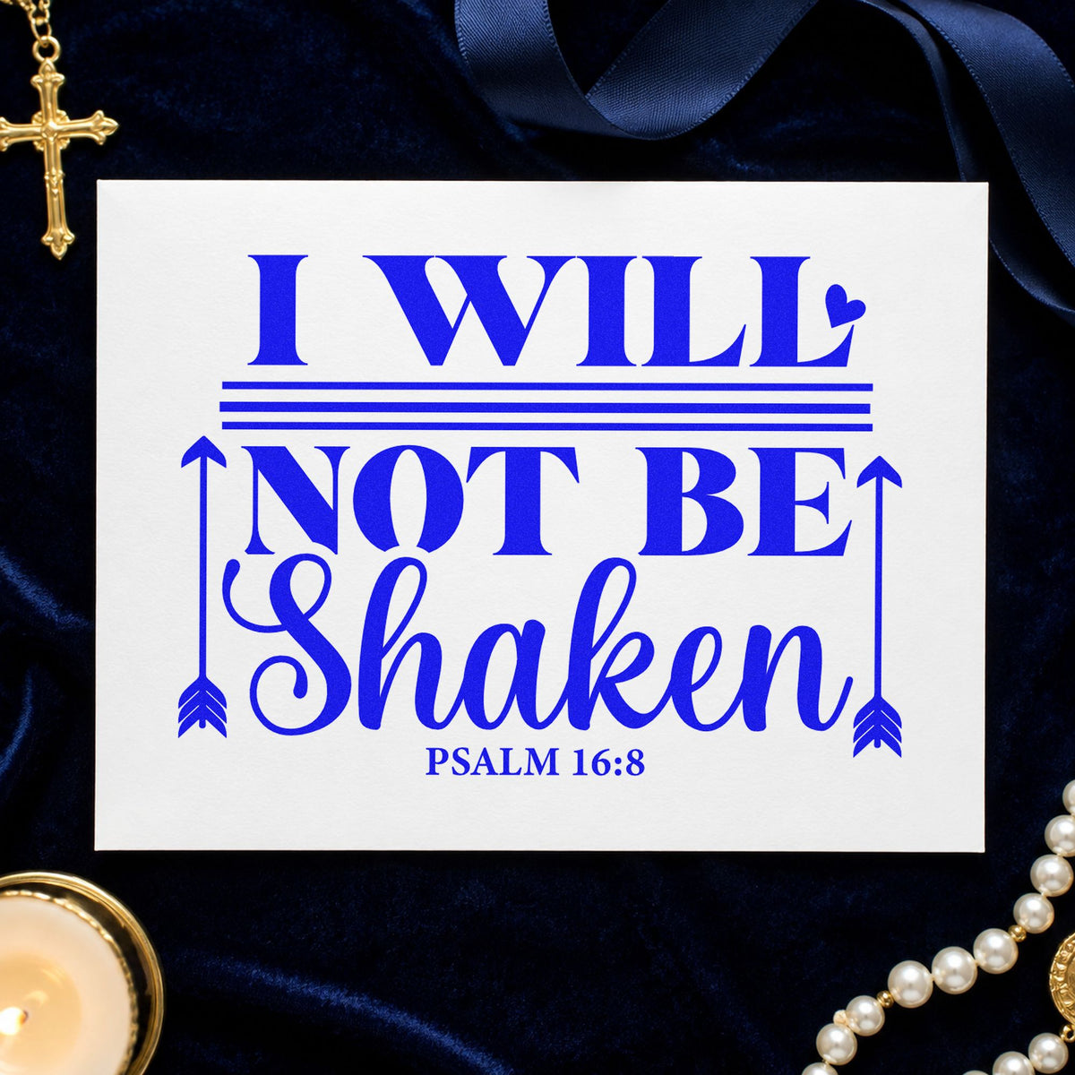 I Will Not Be Shaken Arrows craft stamp in blue ink on cardstock, an easy option for canvas totes.