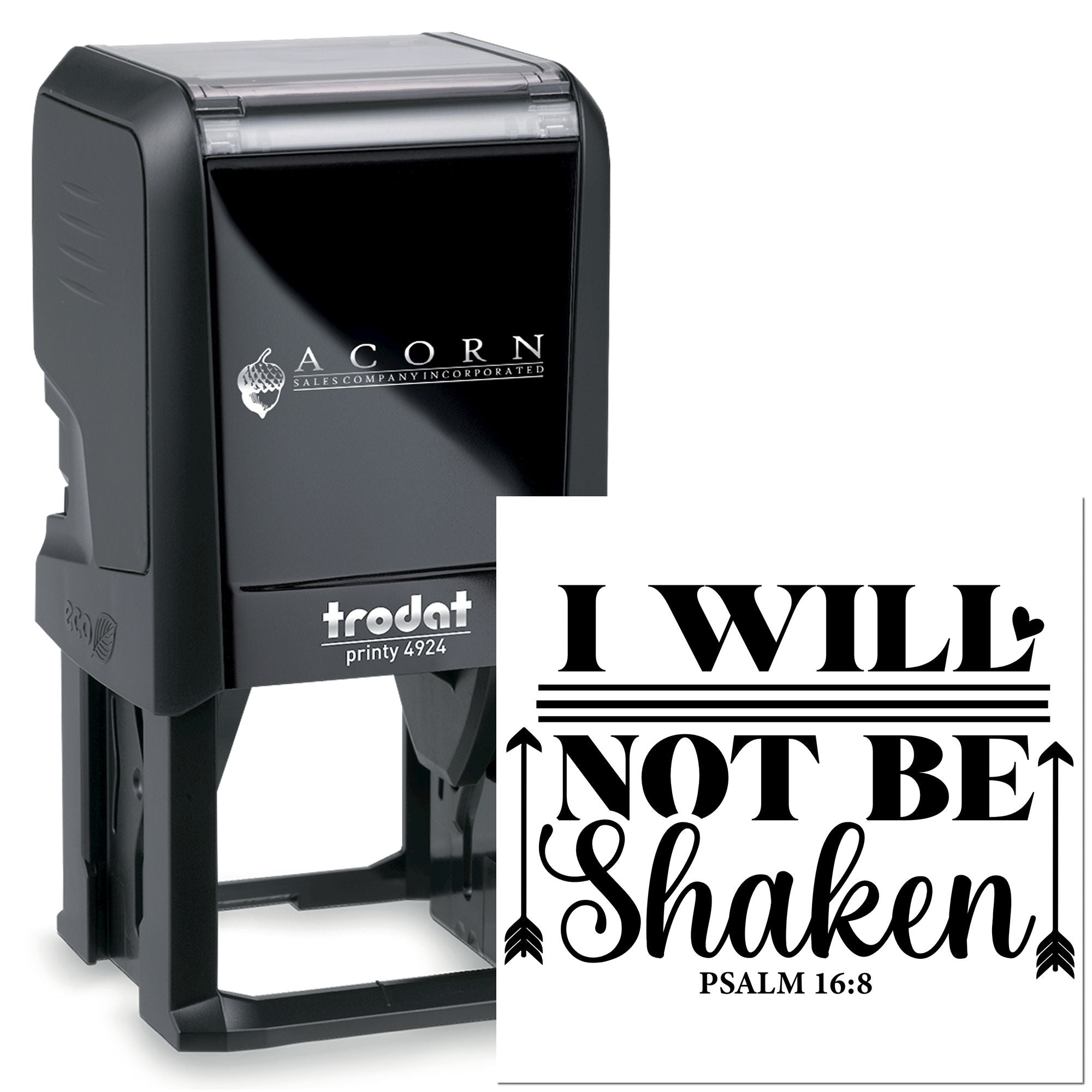 Custom self-inking rubber stamp with I Will Not Be Shaken Psalm 16:8 design for faith-based business or church use
