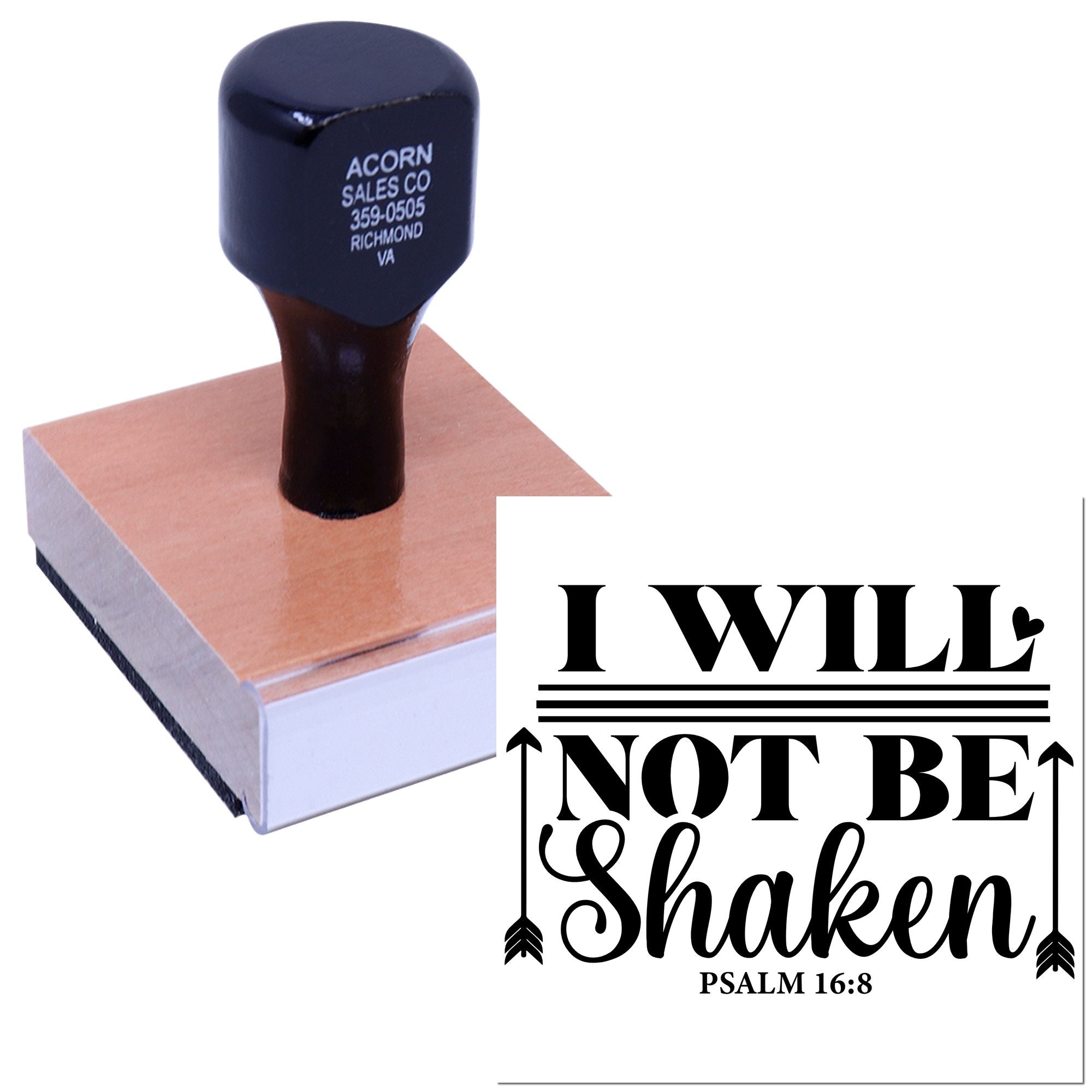 Custom rubber stamp featuring I Will Not Be Shaken Psalm 16:8 design for faith-based cards, journals, and crafts.