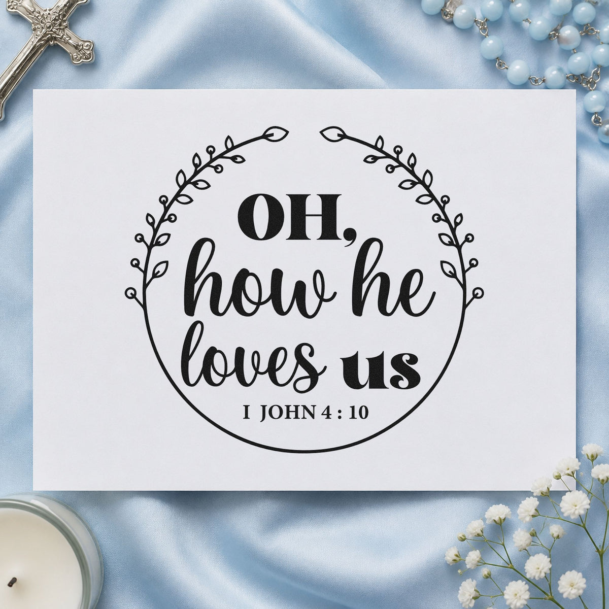 How He Loves Us Wreath rubber stamp printed in black ink, ready for branch love cards and similar paper crafts.