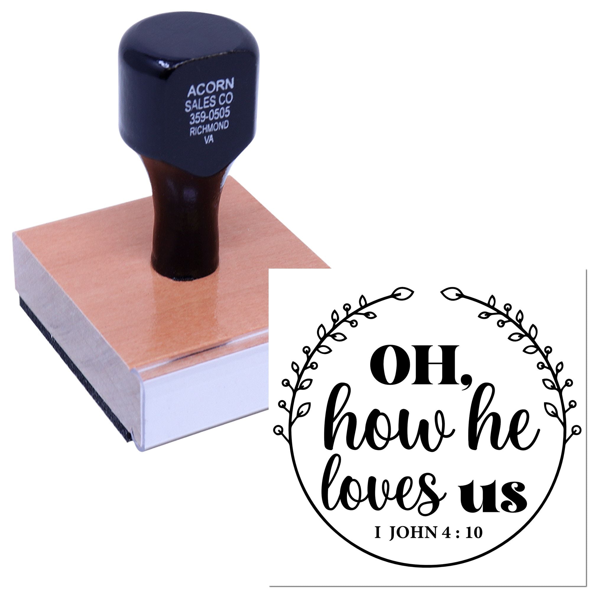 Custom self-inking rubber stamp featuring Oh, how he loves us with I John 4:10 verse for Christian crafts.