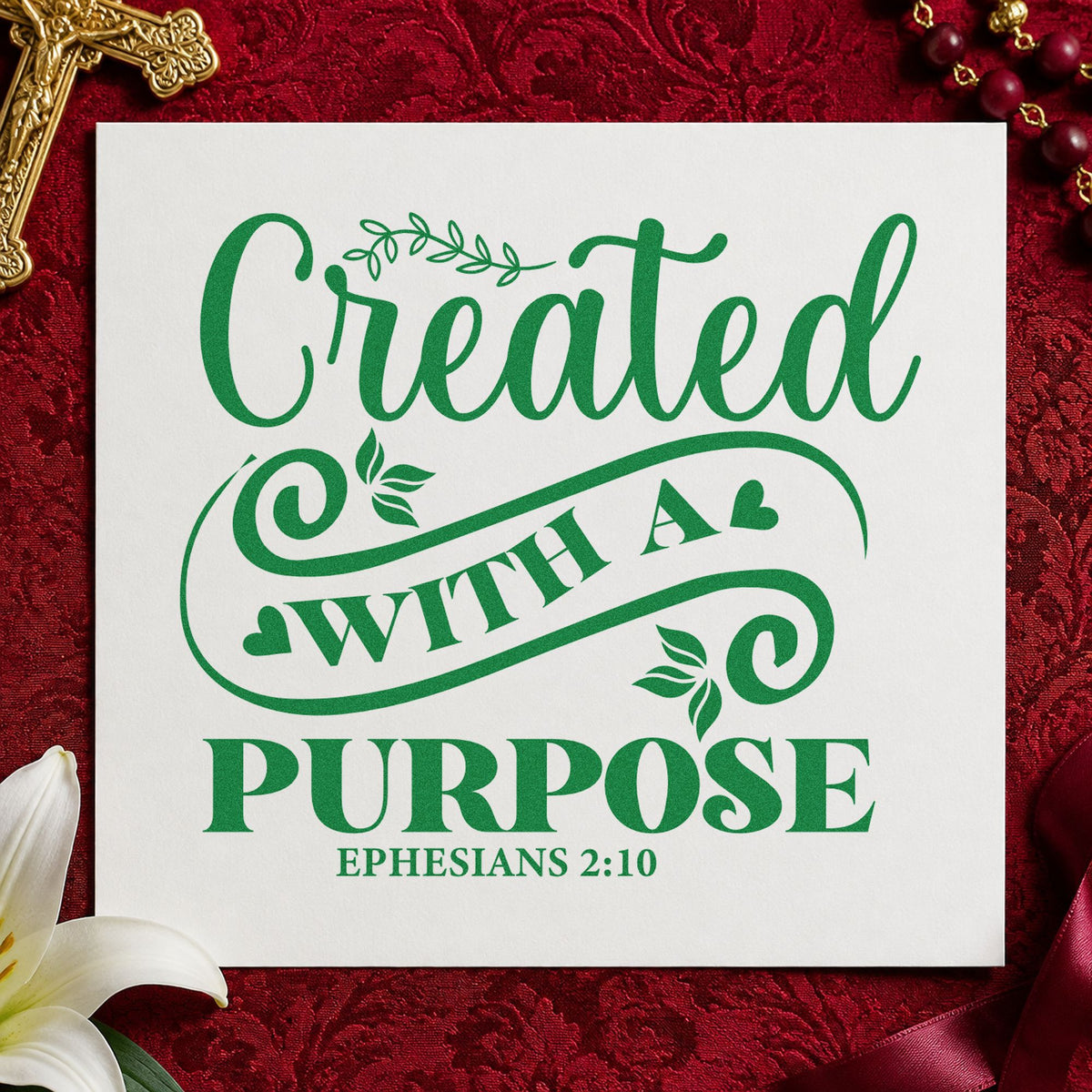 Created with a Purpose Flourish craft stamp imprint in green ink on a handmade project, one idea being framed bedroom art.