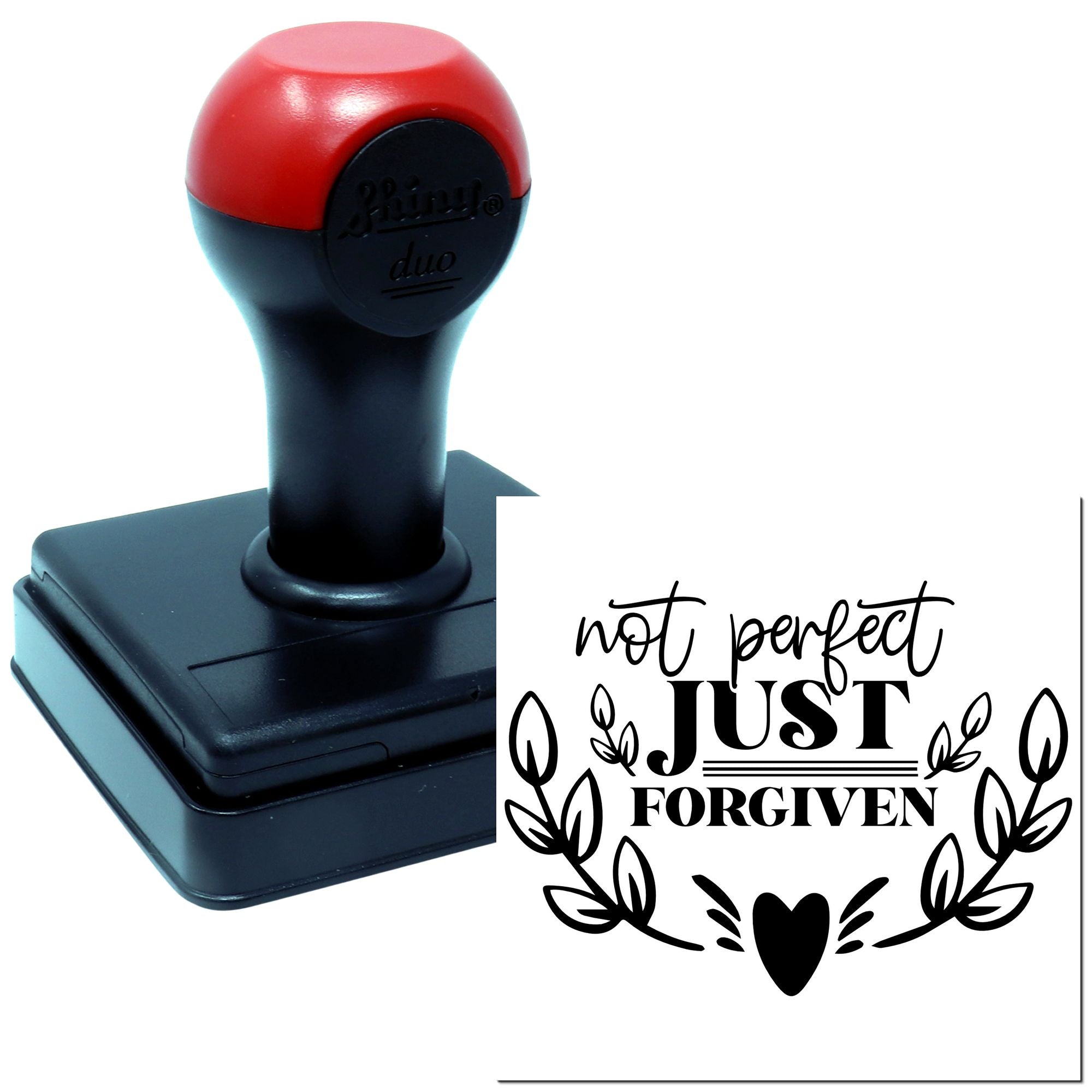 Custom self-inking rubber stamp with Not Perfect, Just Forgiven inspirational Christian design and leaf accents.