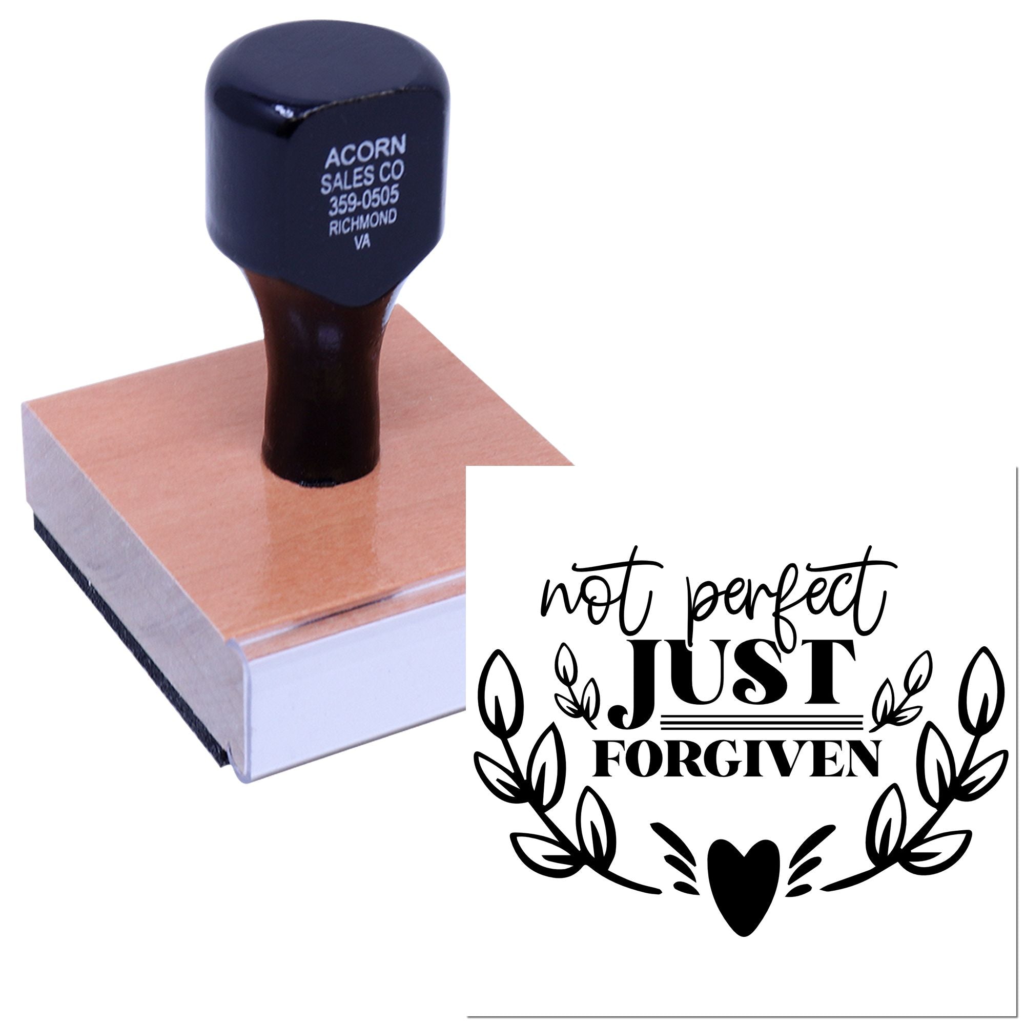 Custom rubber stamp with Not Perfect, Just Forgiven Christian inspirational design for cards and crafts.
