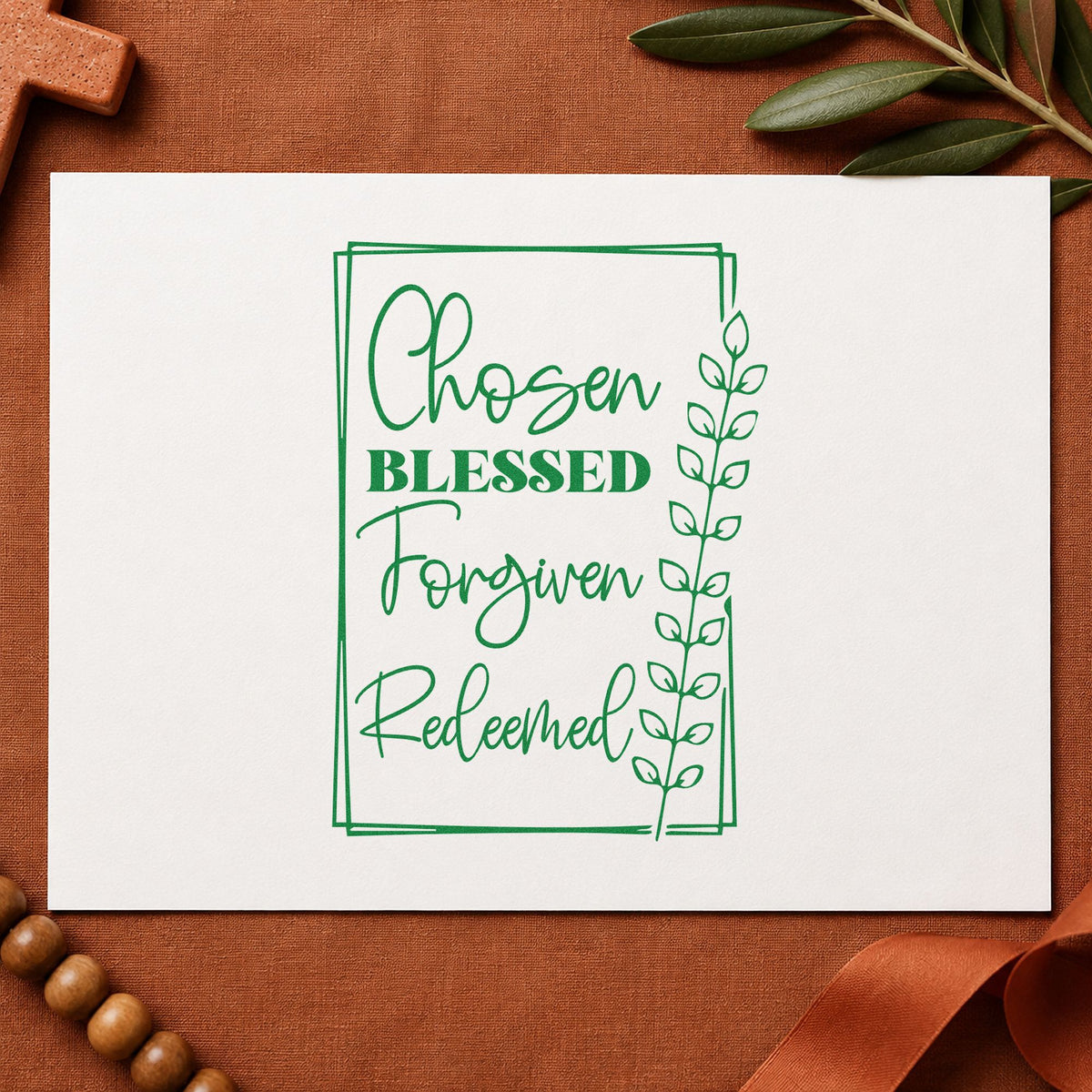 Pre-Inked Chosen, Blessed, Forgiven, Redeemed Leaf Accents Stamp – PSI in use 3