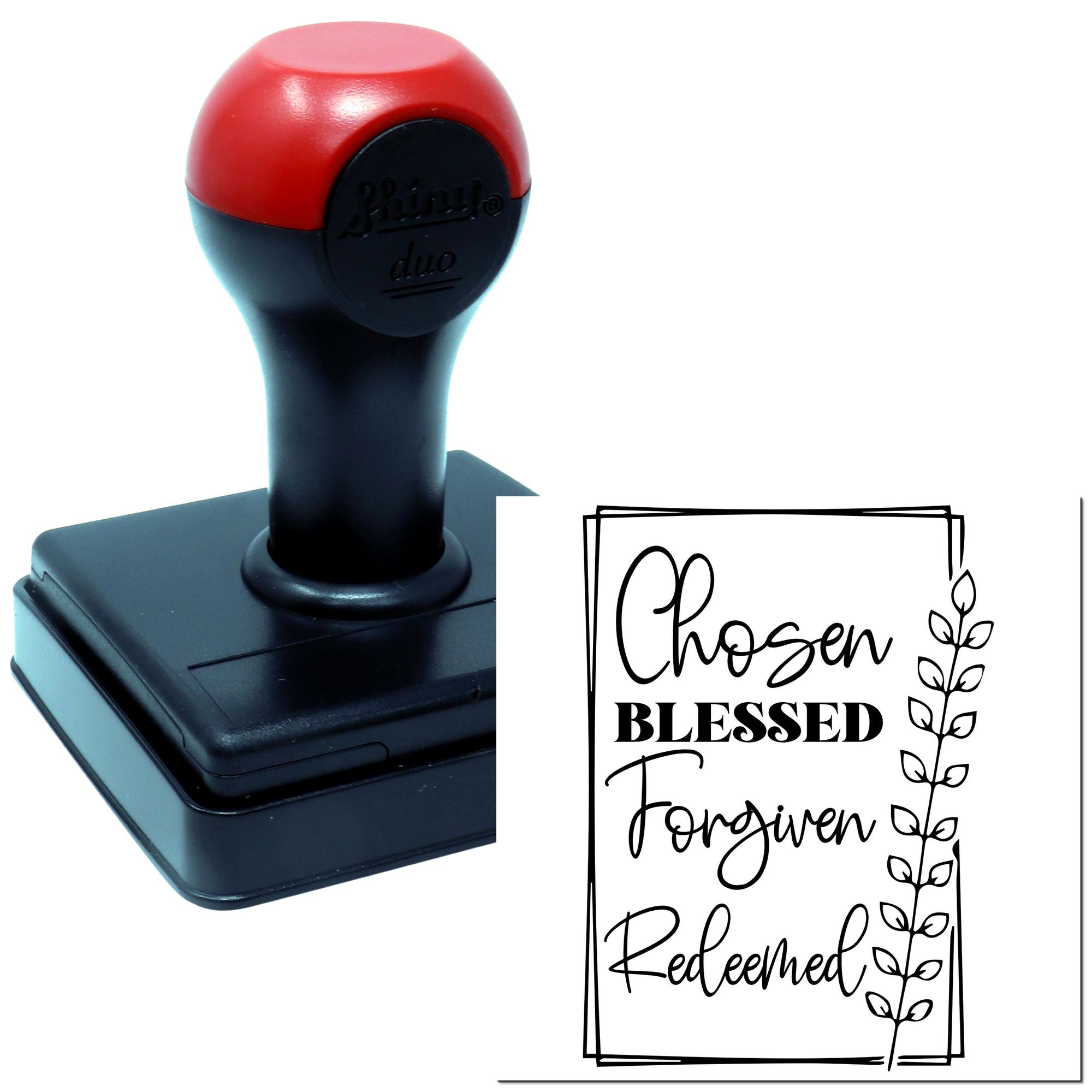 Christian rubber stamp with Chosen, Blessed, Forgiven, Redeemed devotional design for faith-based crafts and cards.
