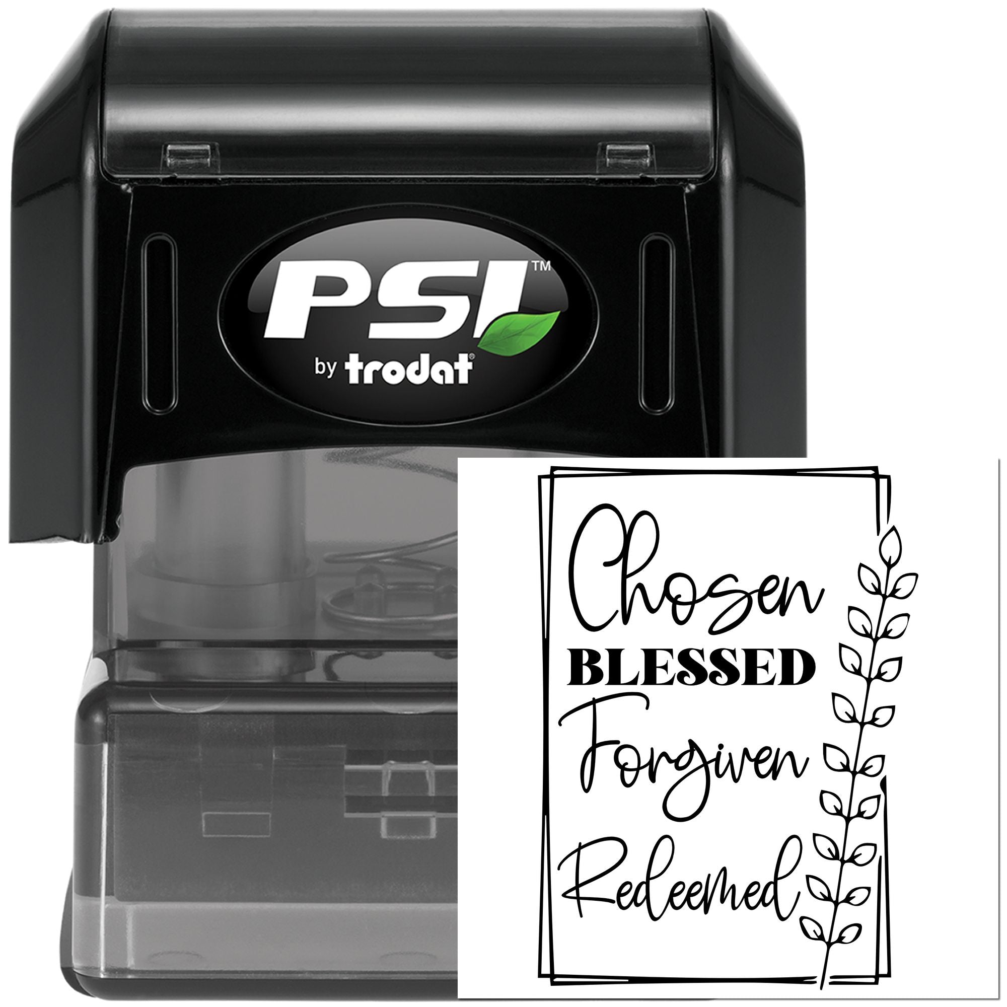 Christian self-inking rubber stamp by PSI Trodat with Chosen Blessed Forgiven Redeemed leaf border design
