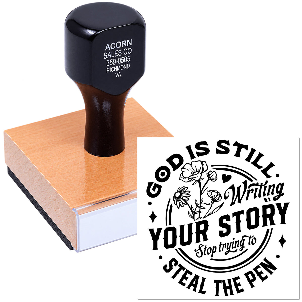 Custom rubber stamp with logo and sample text, ideal for branding, stationery, and personalized business use.