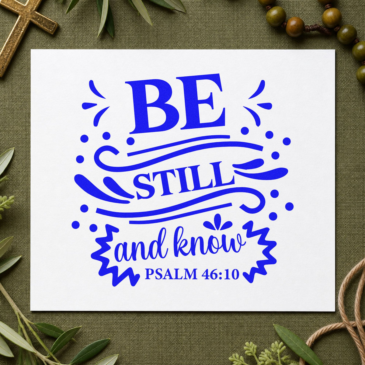 Be Still and Know Flourishes craft stamp in blue ink on cardstock, an easy option for canvas pillow covers.