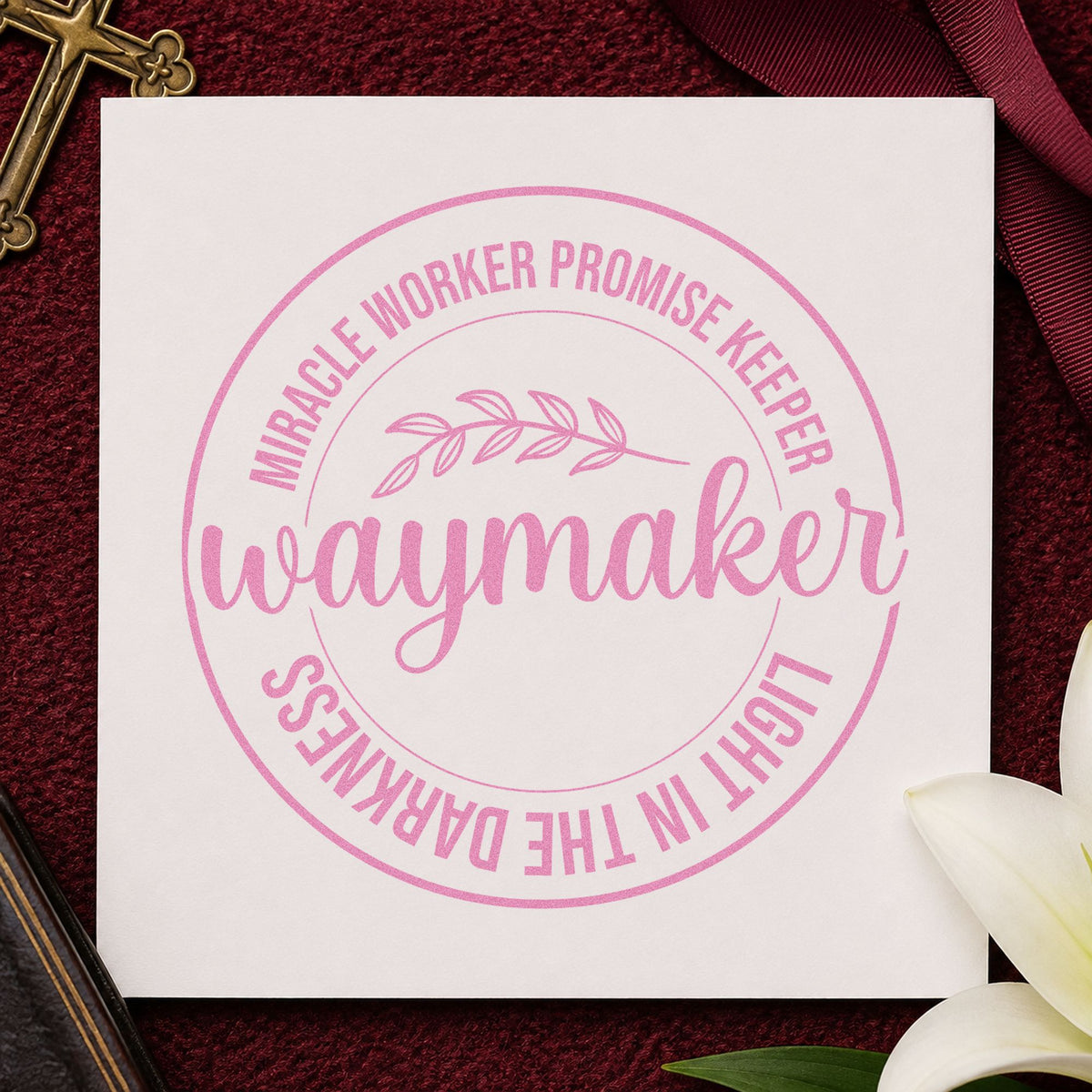 Waymaker Leaf Badge craft stamp in purple ink on cardstock, an easy option for round label seals.