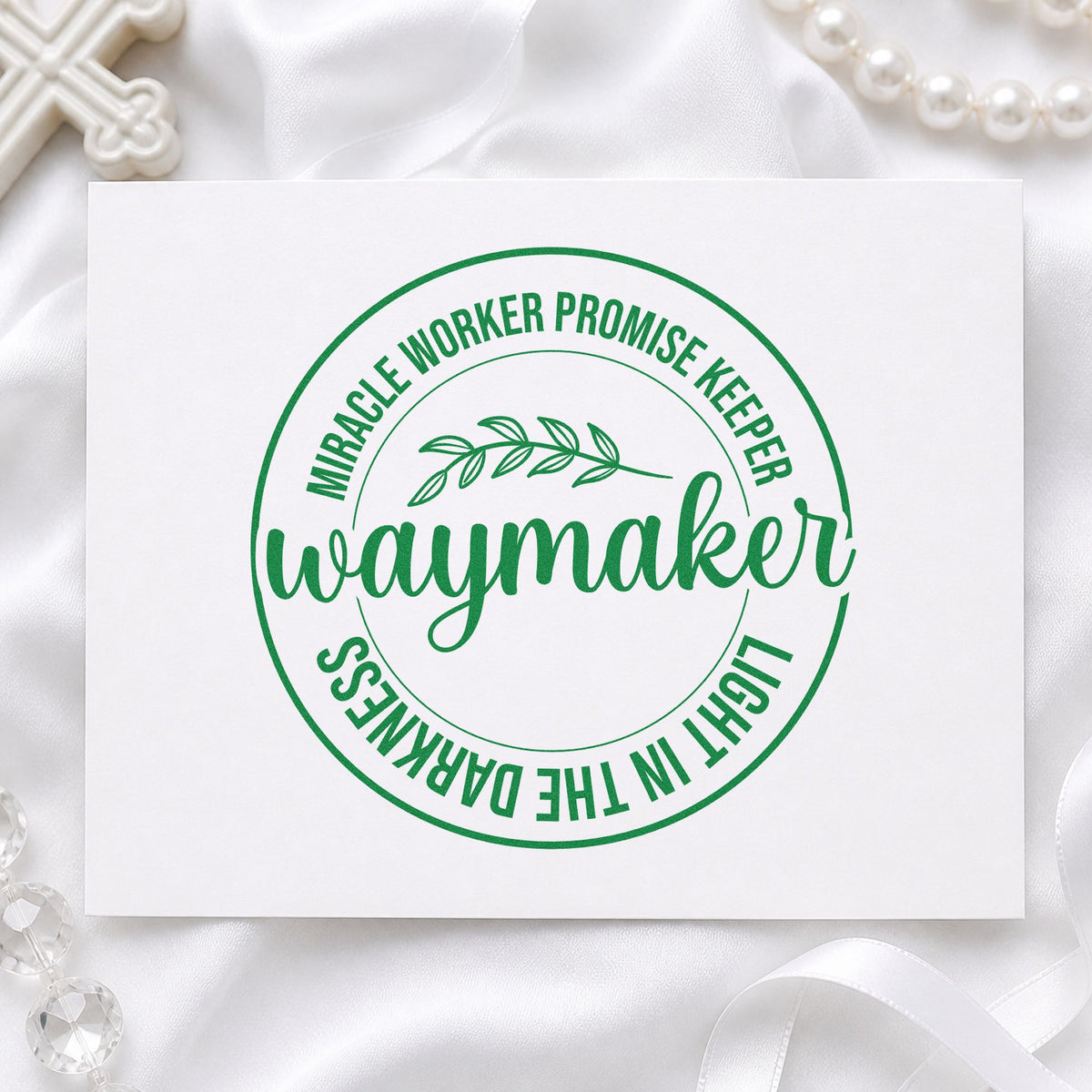 Waymaker Leaf Badge craft stamp imprint in green ink on a handmade project, one idea being worship team gifts.