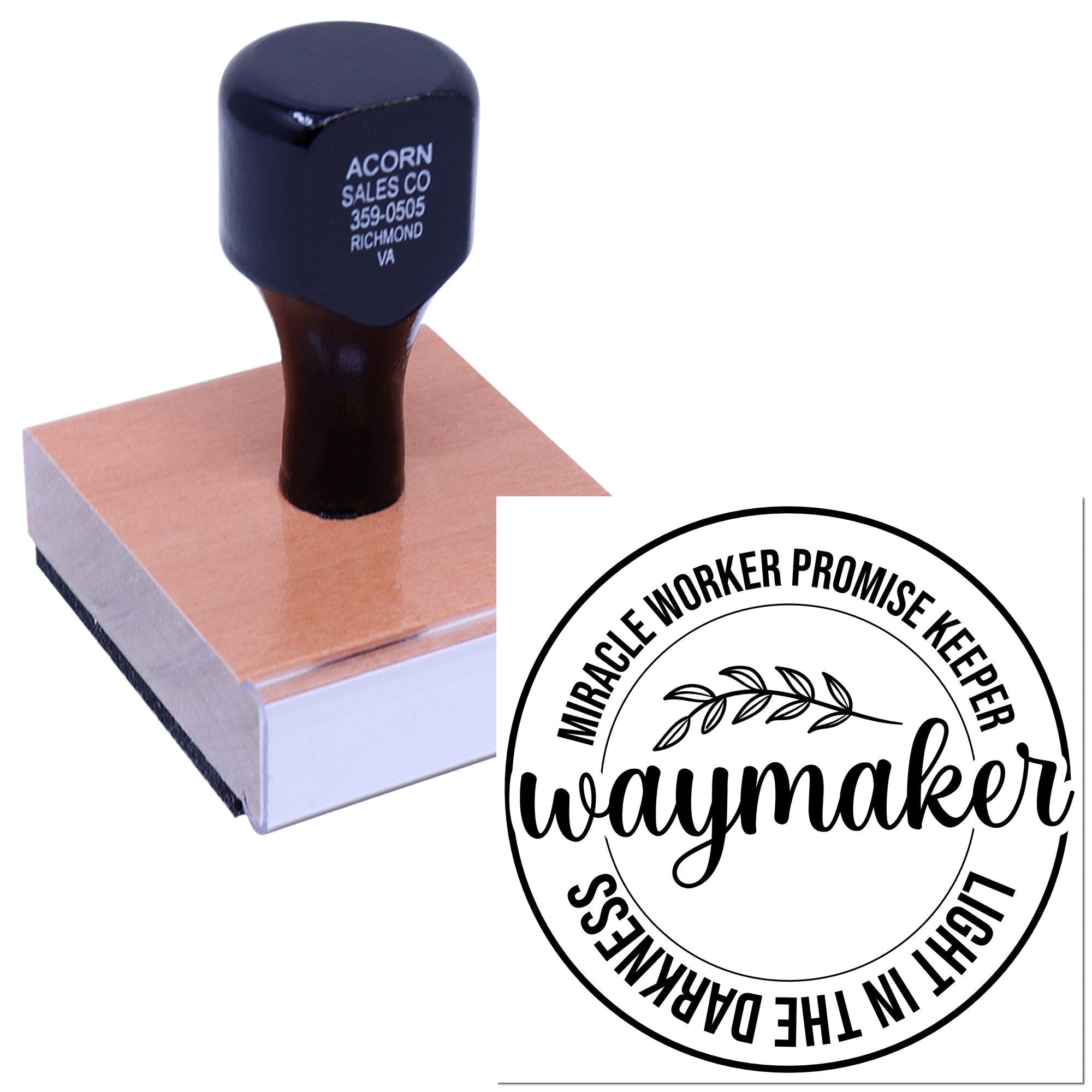 Custom rubber stamp with Waymaker faith logo design for Christian branding, church merchandise, and handmade gifts.