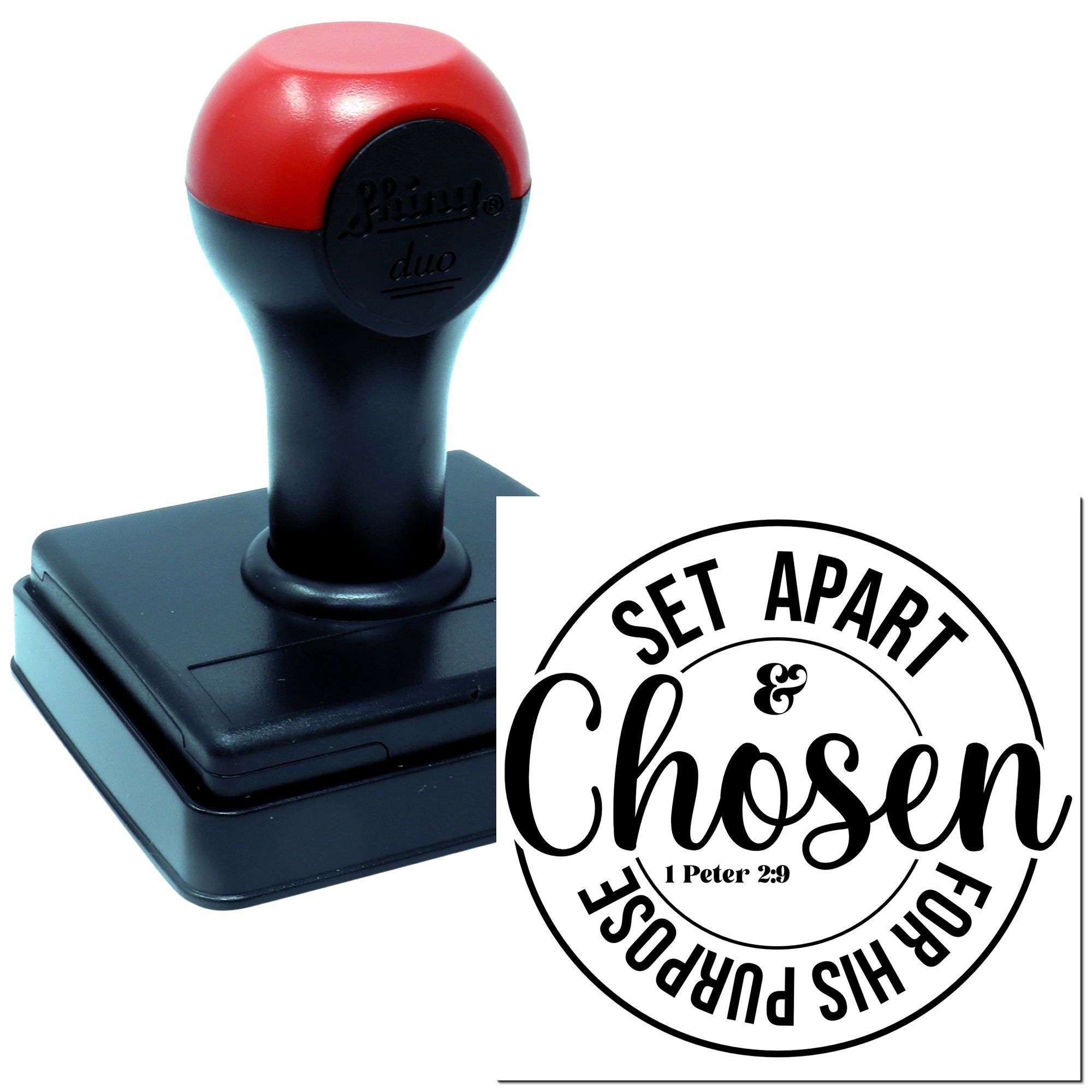 Christian self-inking rubber stamp with Set Apart, Chosen for His Purposes custom imprint for faith-based crafts.