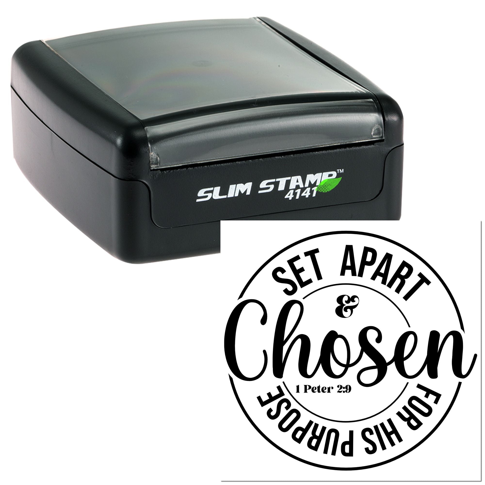 Slim Stamp 4141 self-inking rubber stamp with custom "Set Apart & Chosen" Christian seal design.