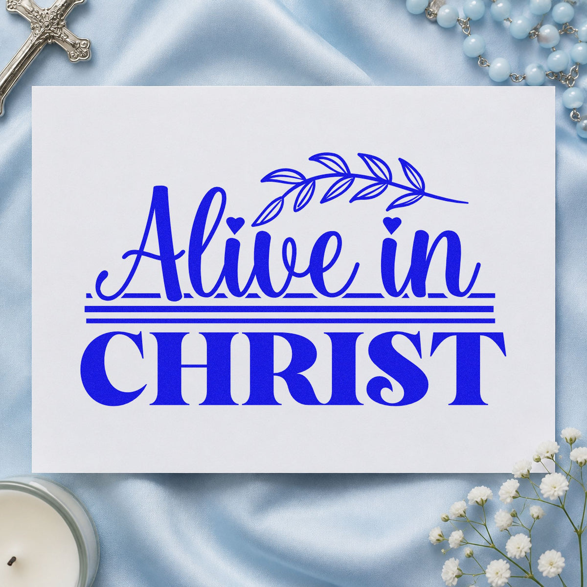 Alive in Christ craft stamp in blue ink on cardstock, an easy option for canvas totes.