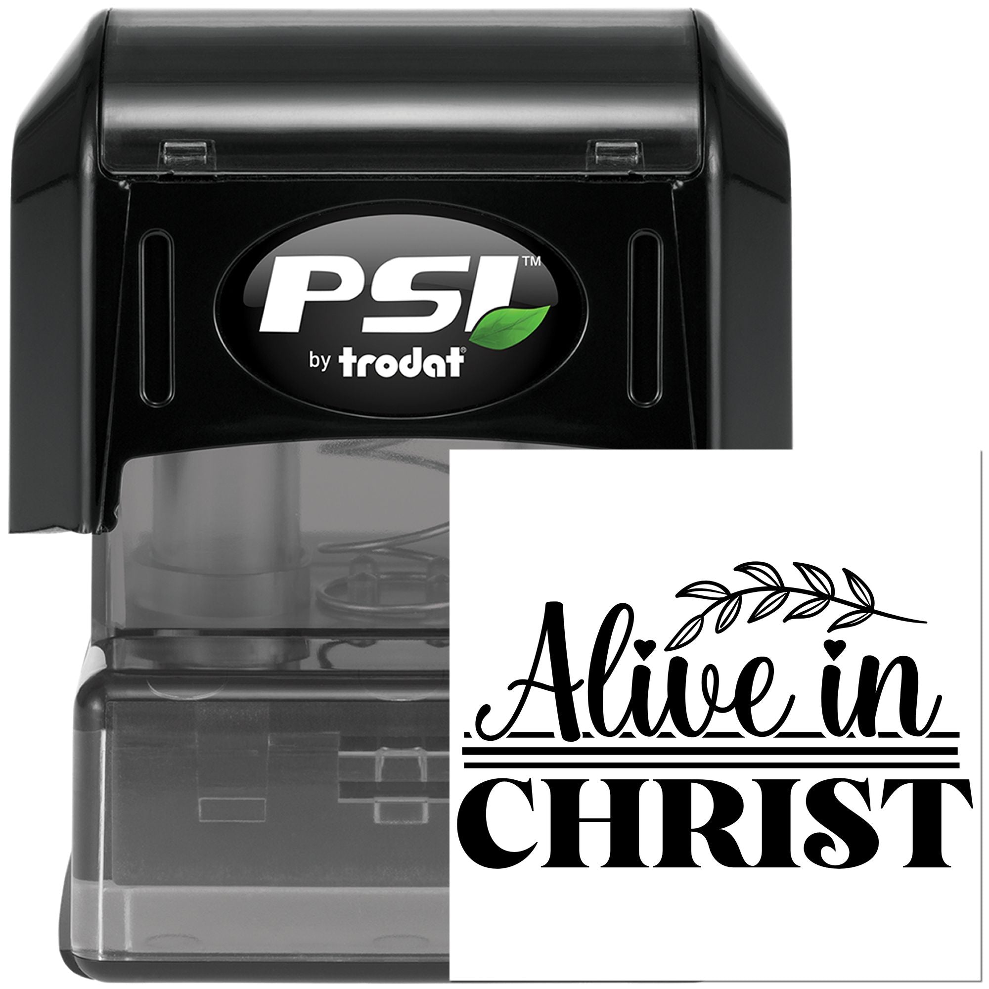 PSI by Trodat self-inking rubber stamp with Alive in Christ design for Christian crafts, cards and Bible journaling.