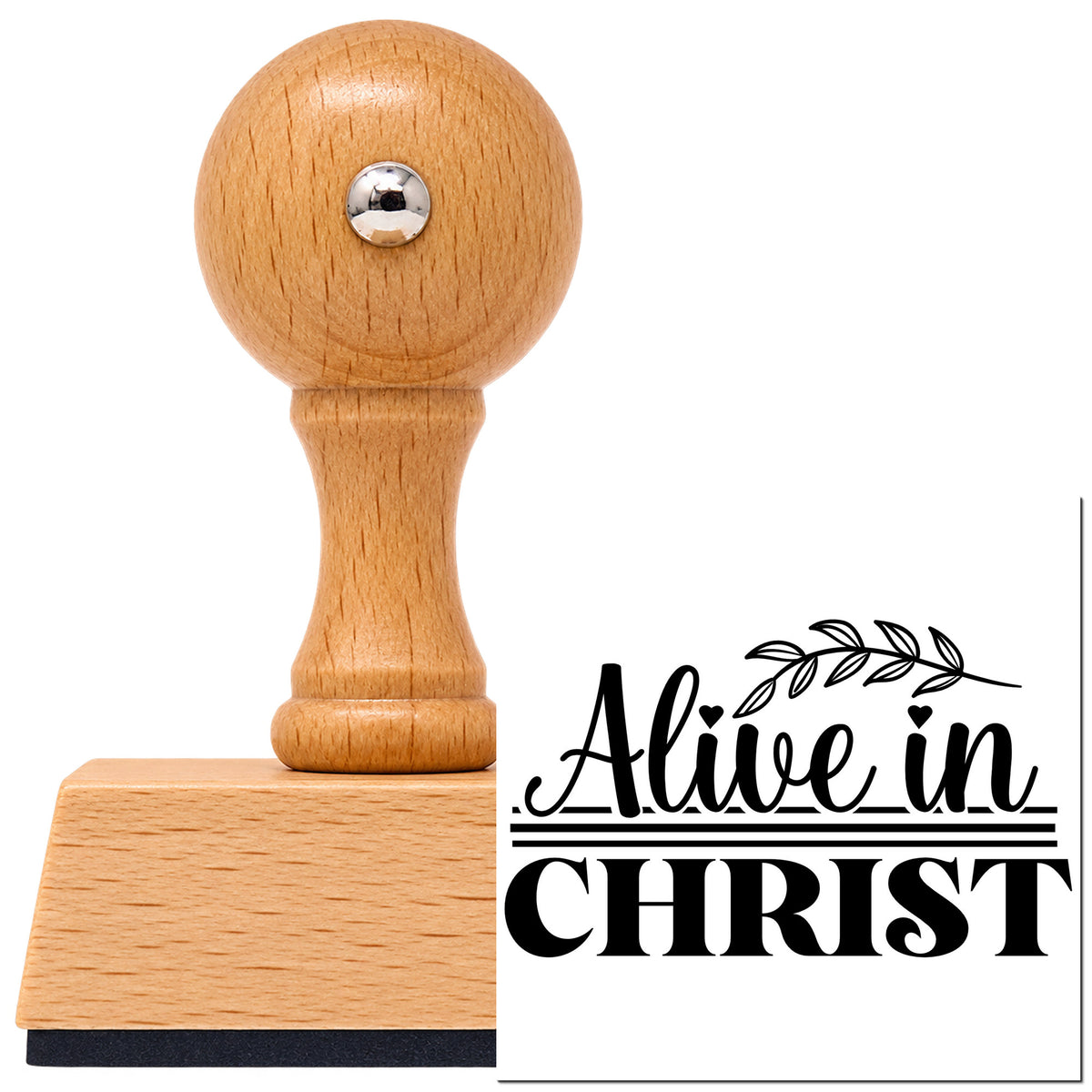 Alive In Christ Leaf Accents Vintage Pro rubber stamp in European beech wood with a round knob handle, shown beside its black imprint.