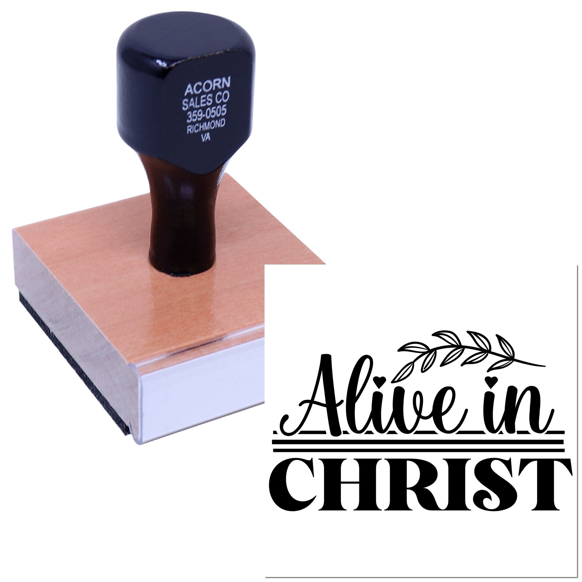 Custom rubber stamp with Alive in Christ design for Christian crafts, church stationery, and faith-based branding.